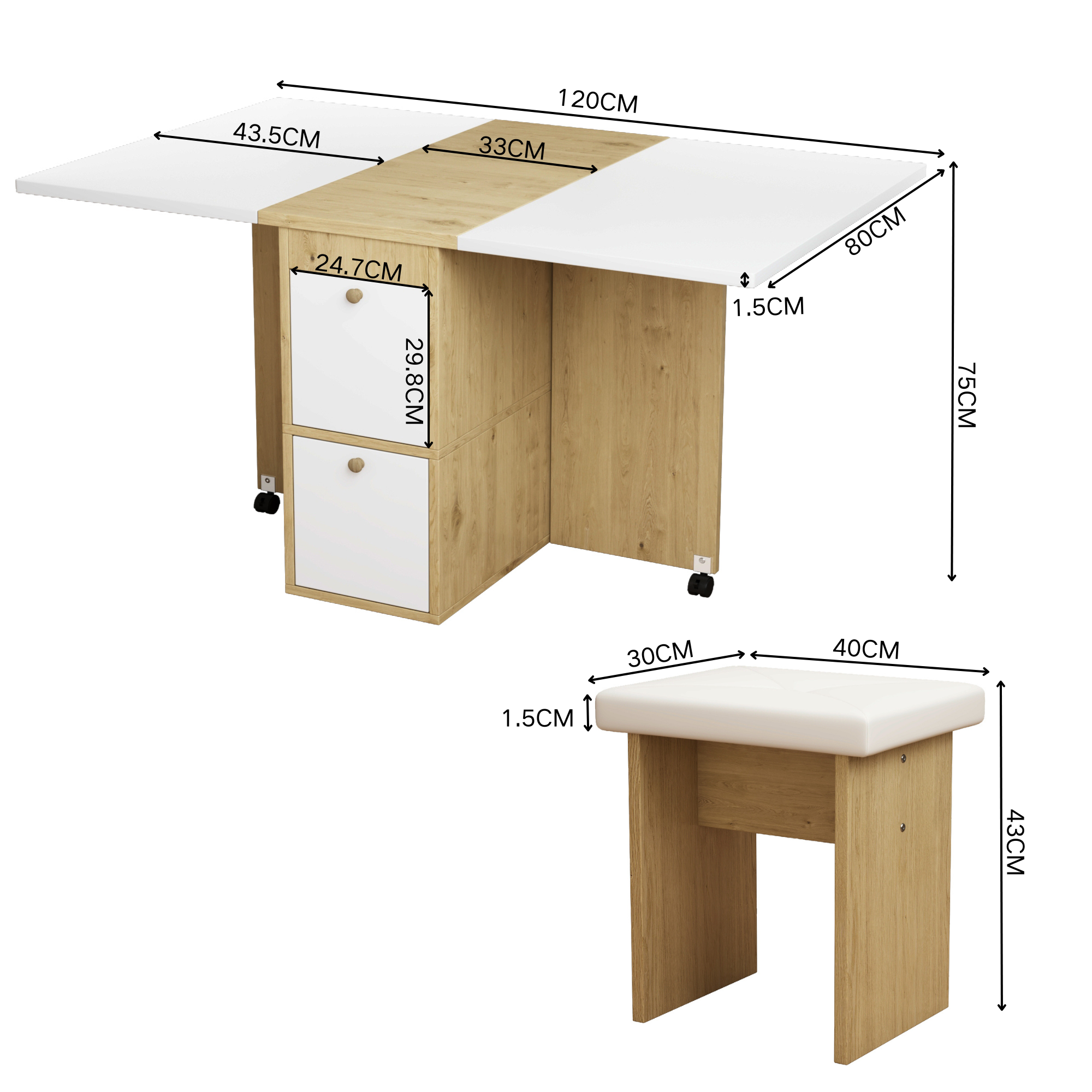 Ensemble table et chaises, 5 pièces, 1 table + 4 chaises, extensible, pliable, 120 x 80 x 75 cm, panneaux de particules, blanc - vue 7