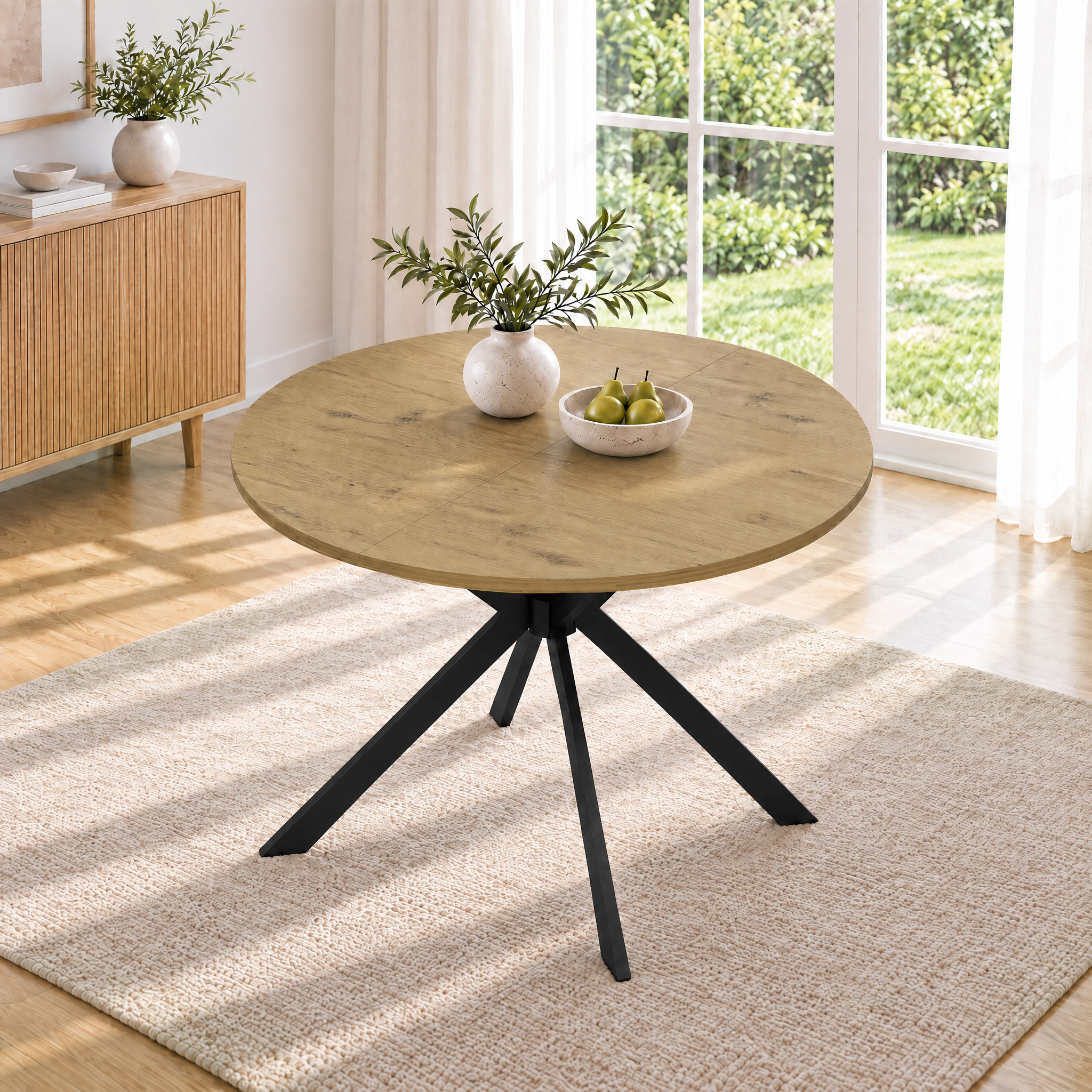 Table en format rond à décor bois