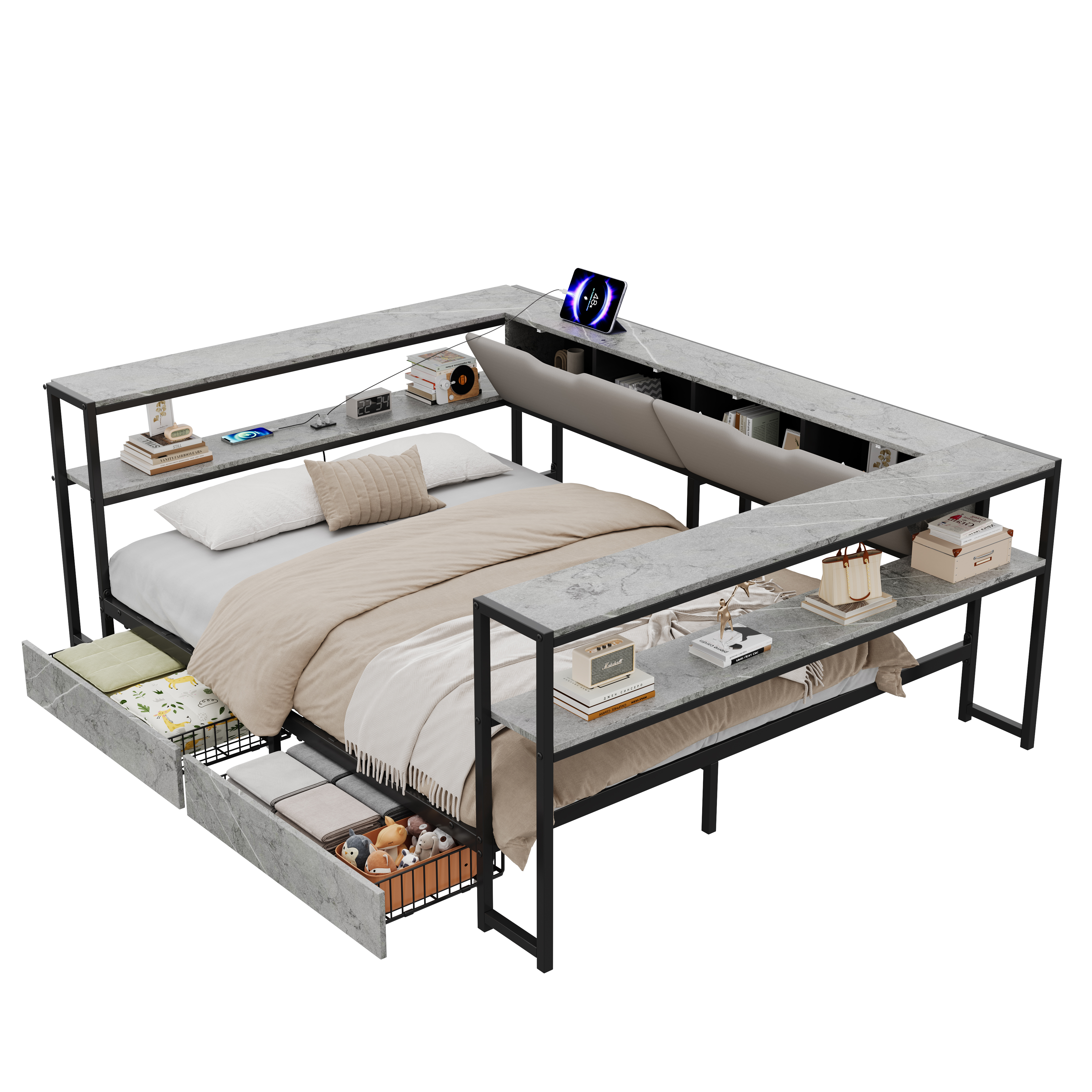 Lit jour design gris beton moderne