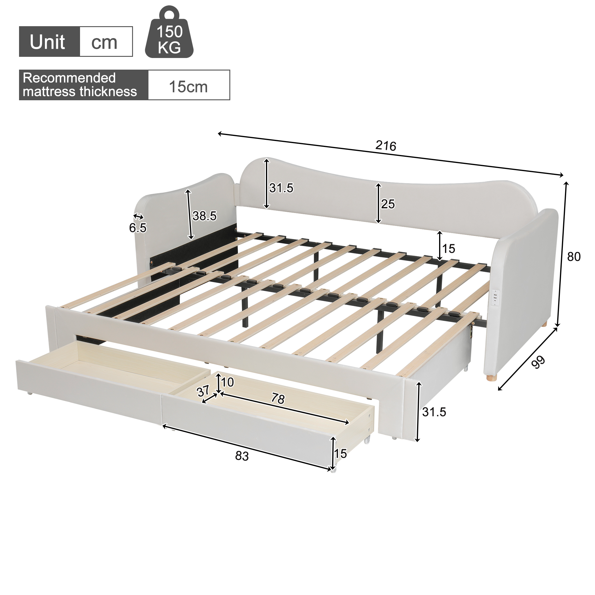 Dimensions lit jour extensible beige velours