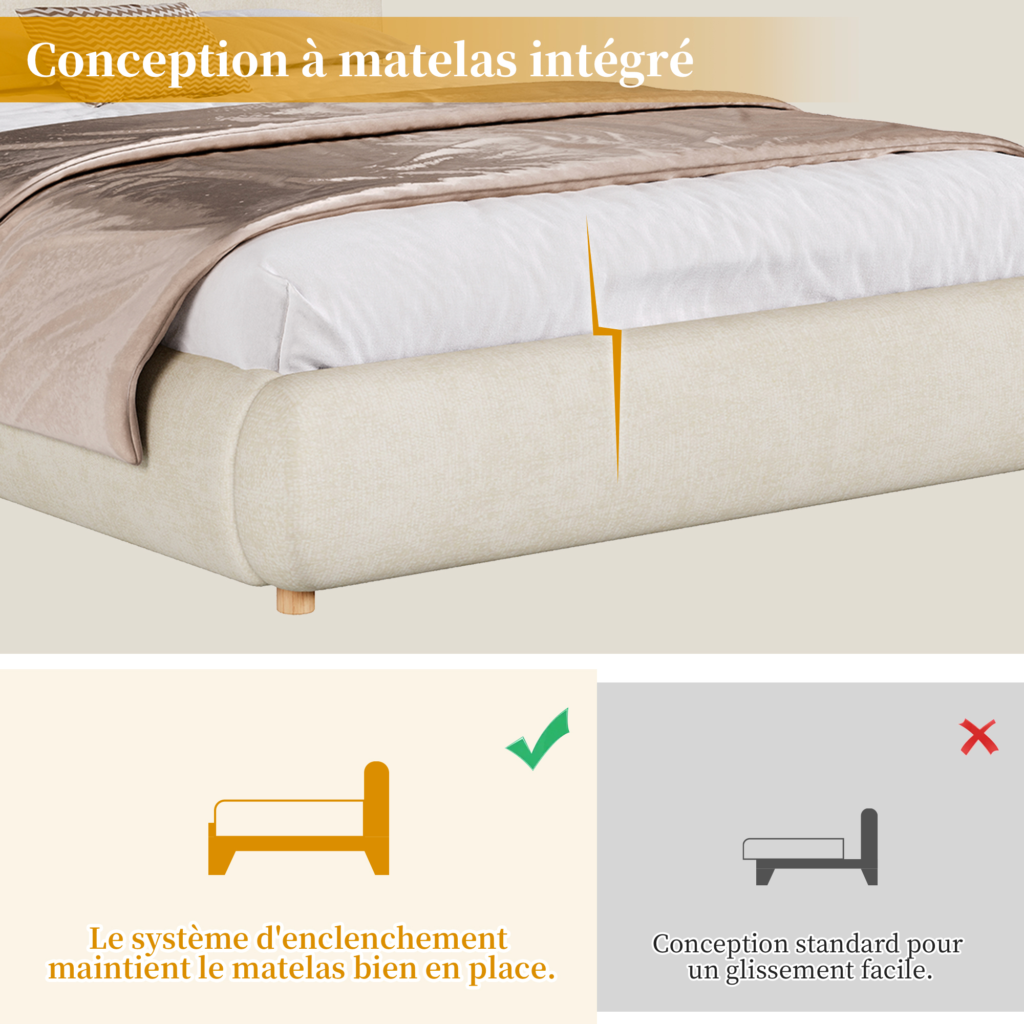 Détails du lit rembourré beige en chenille