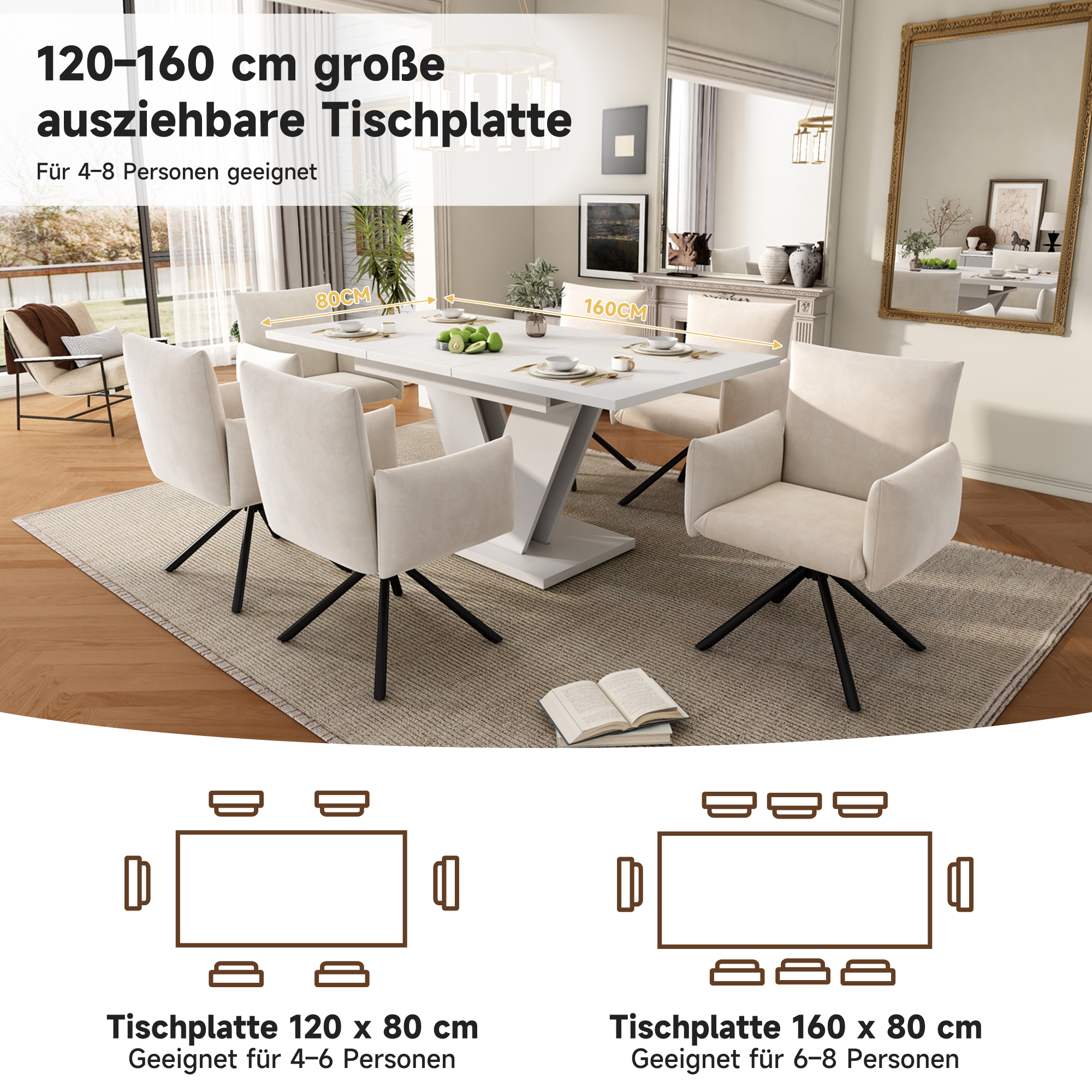 Ensemble table et chaises, 7 pièces, 1 table + 6 chaises, table et 6 chaises, tissu, blanc - vue 5