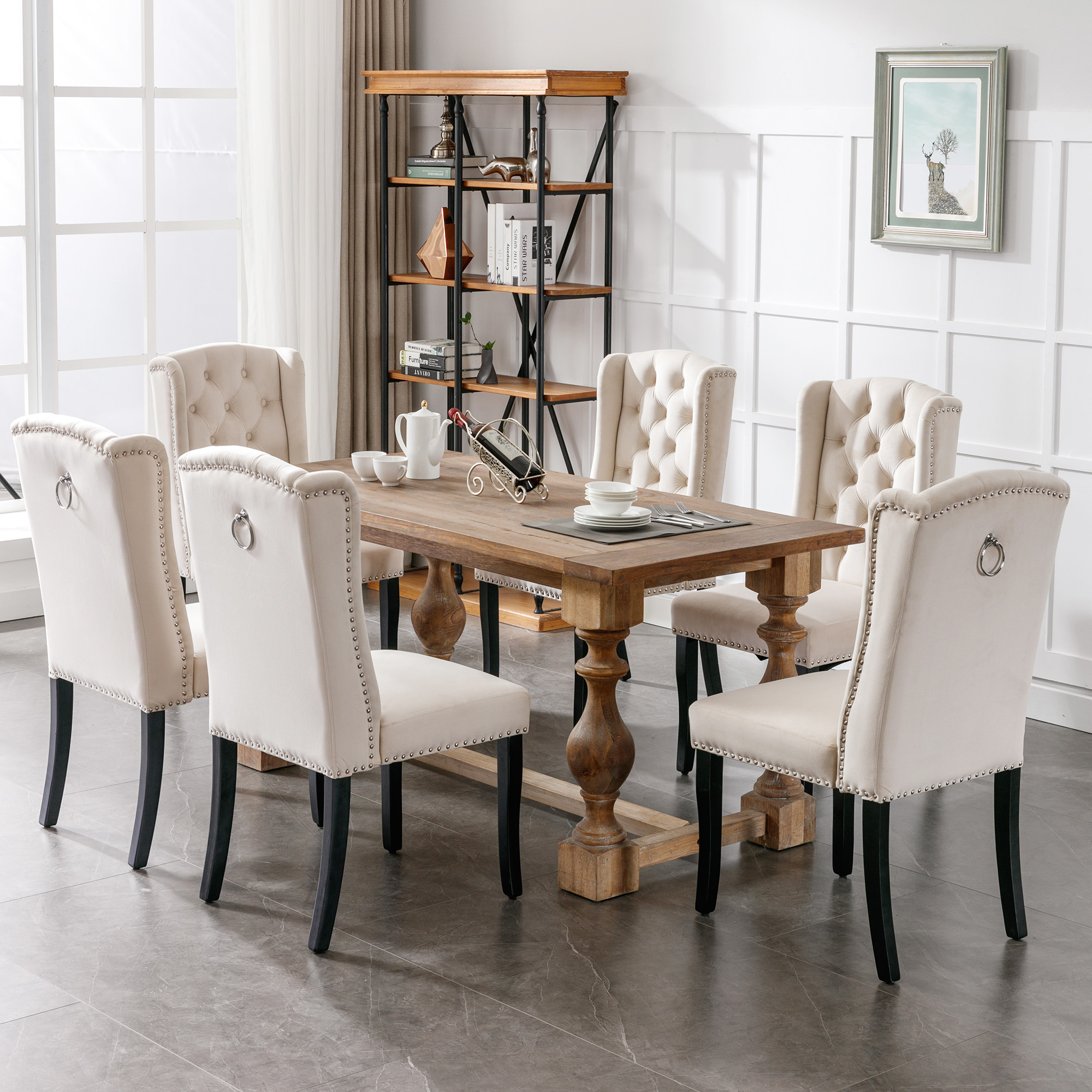 Chaise de salle à manger, lot de 6, velours, beige - vue 1