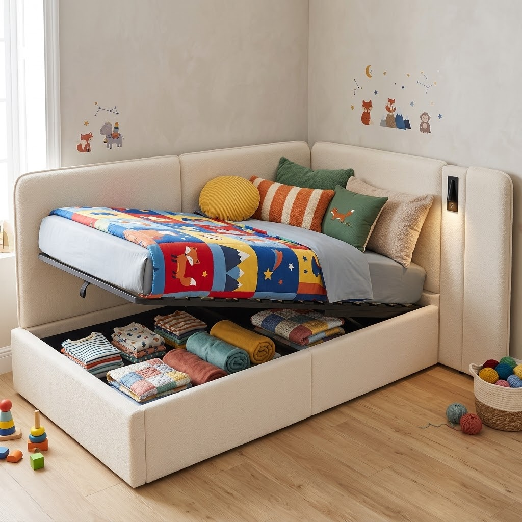 Lit jour 90x200 beige boucle coffre hydraulique