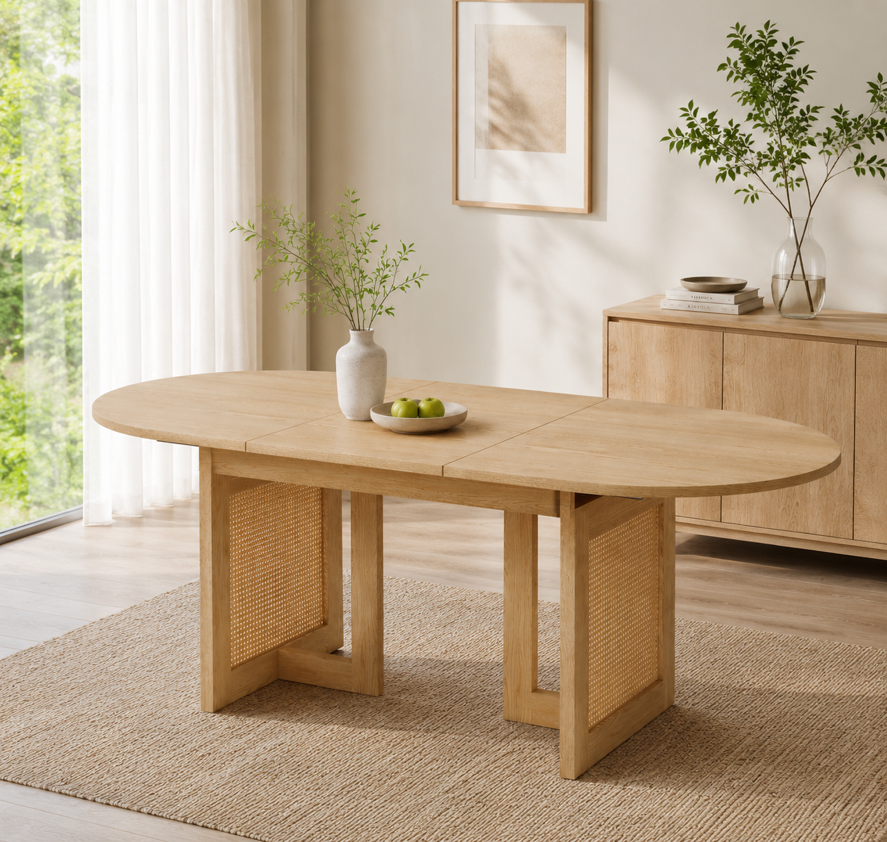 Table à manger extensible, détails en rotin, 200 x 90 x 75 cm, rotin et MDF, chêne - vue 5