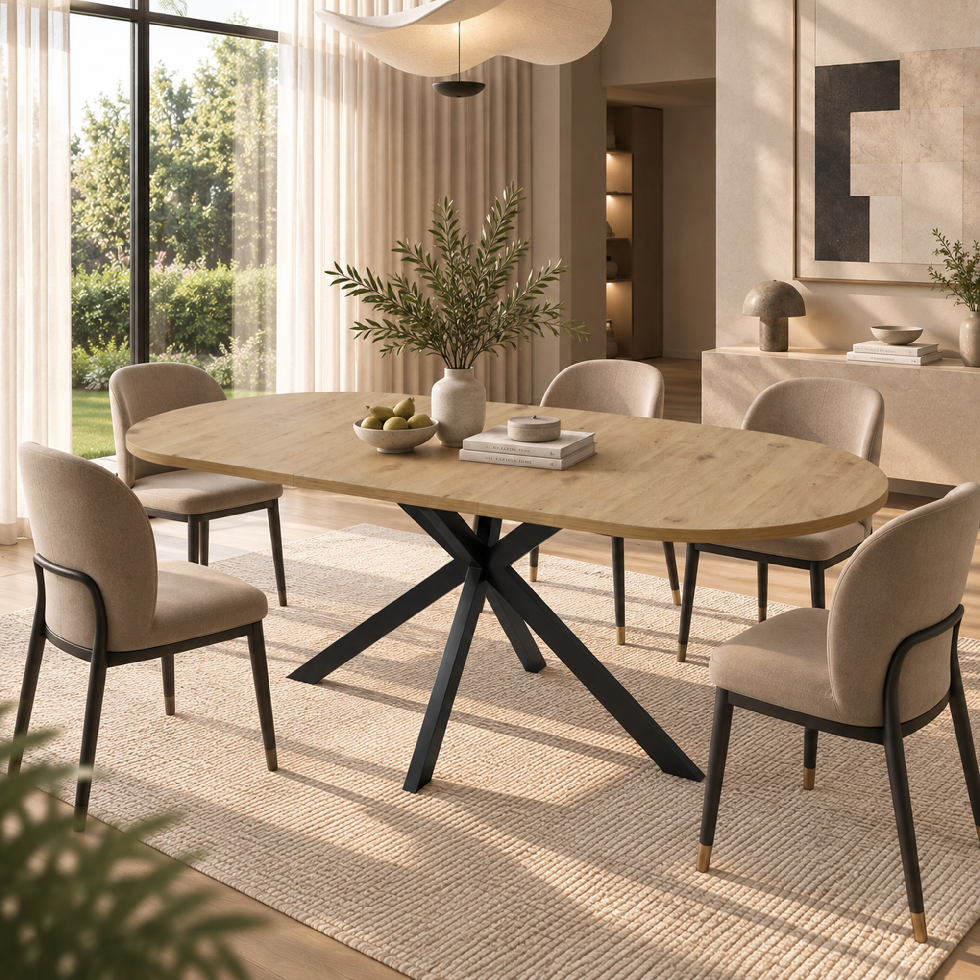 Table effet bois entourée de chaises