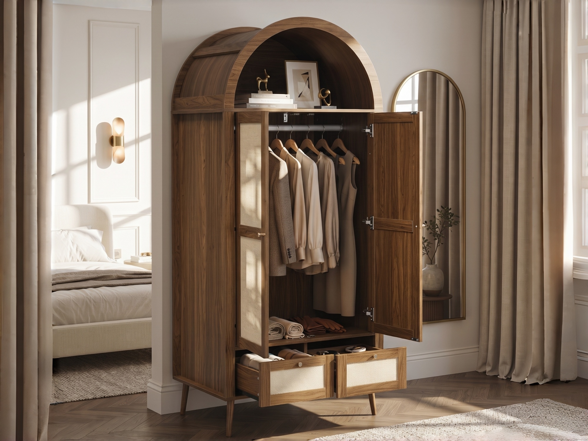 Détails de l'armoire avec façade imitation rotin beige