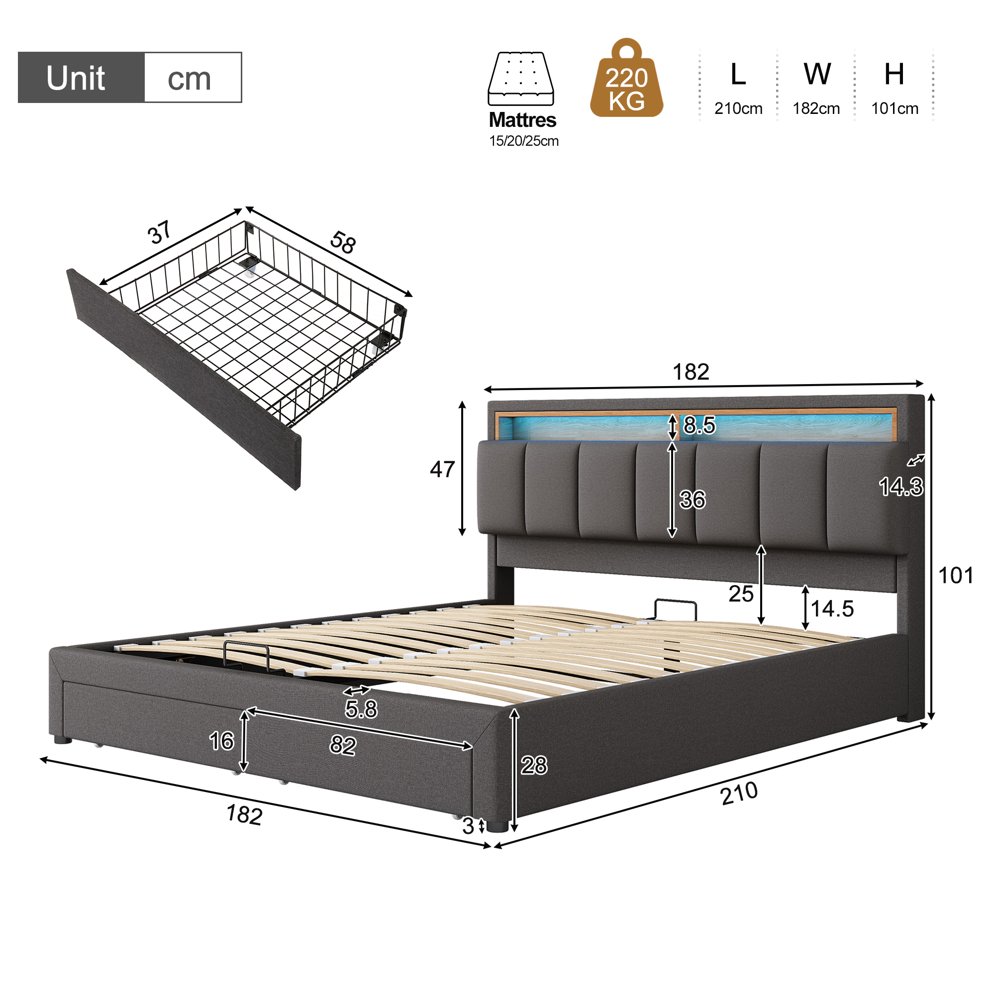 Dimensions du lit rembourré