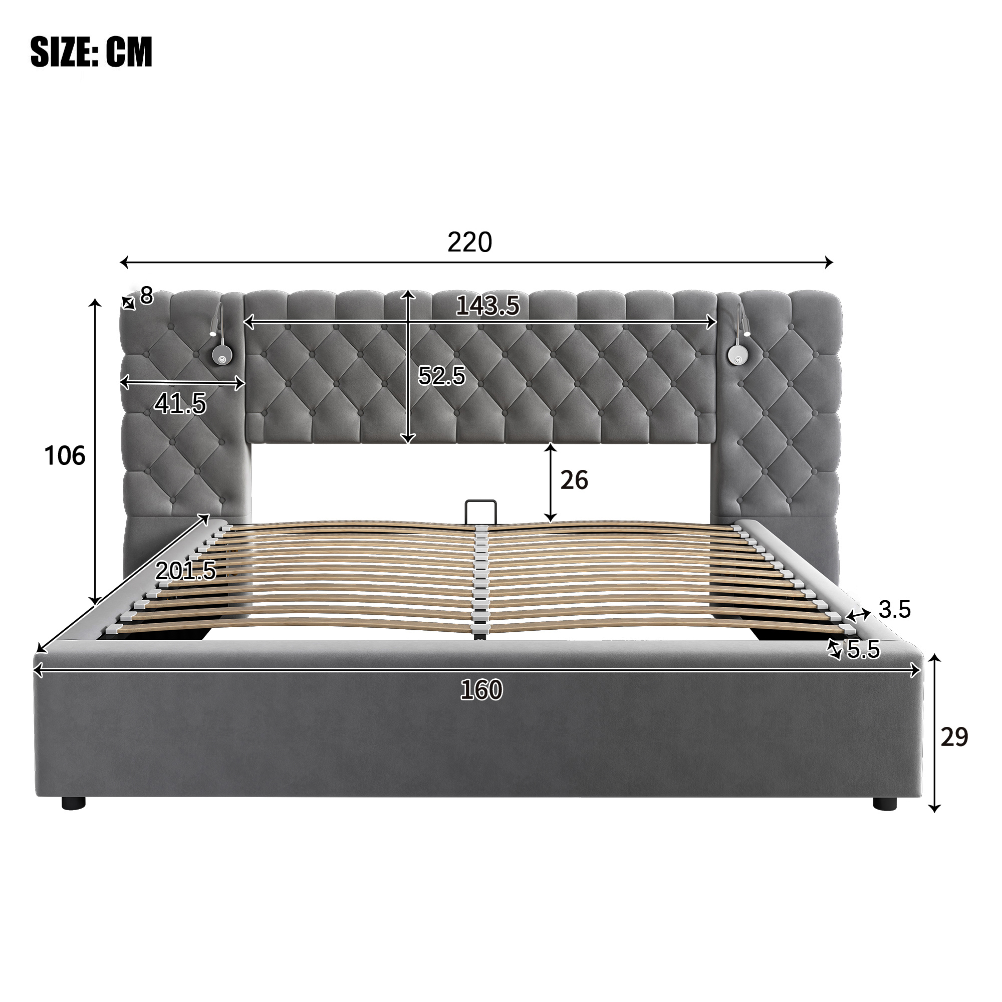 Dimensions et fonctions de Lit coffre rembourré en velours 160 x 200 cm avec rangement hydraulique, LED, lampe de lecture et sommier à lattes, Gris, sans matelas