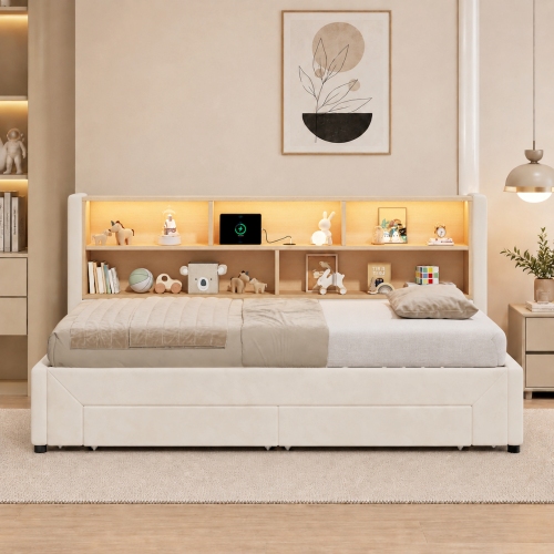Lit banquette extensible beige en velours avec lit gigogne