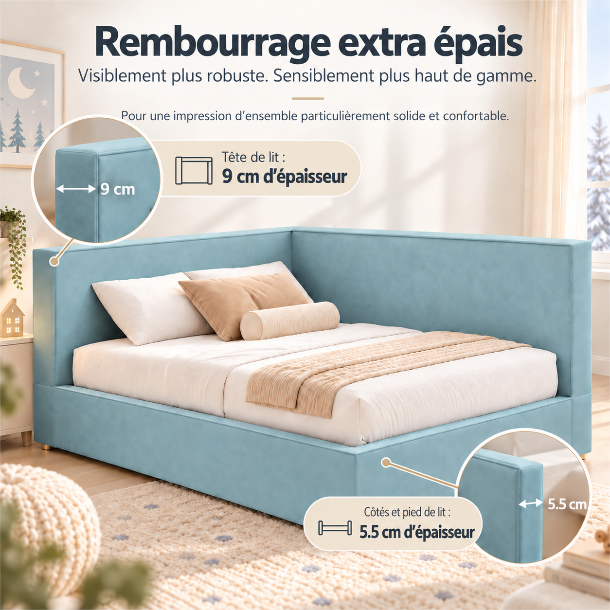 Lit banquette rangement hydraulique, LED, USB/Type-C, en velours, bleu, sommier à lattes inclus, sans matelas
