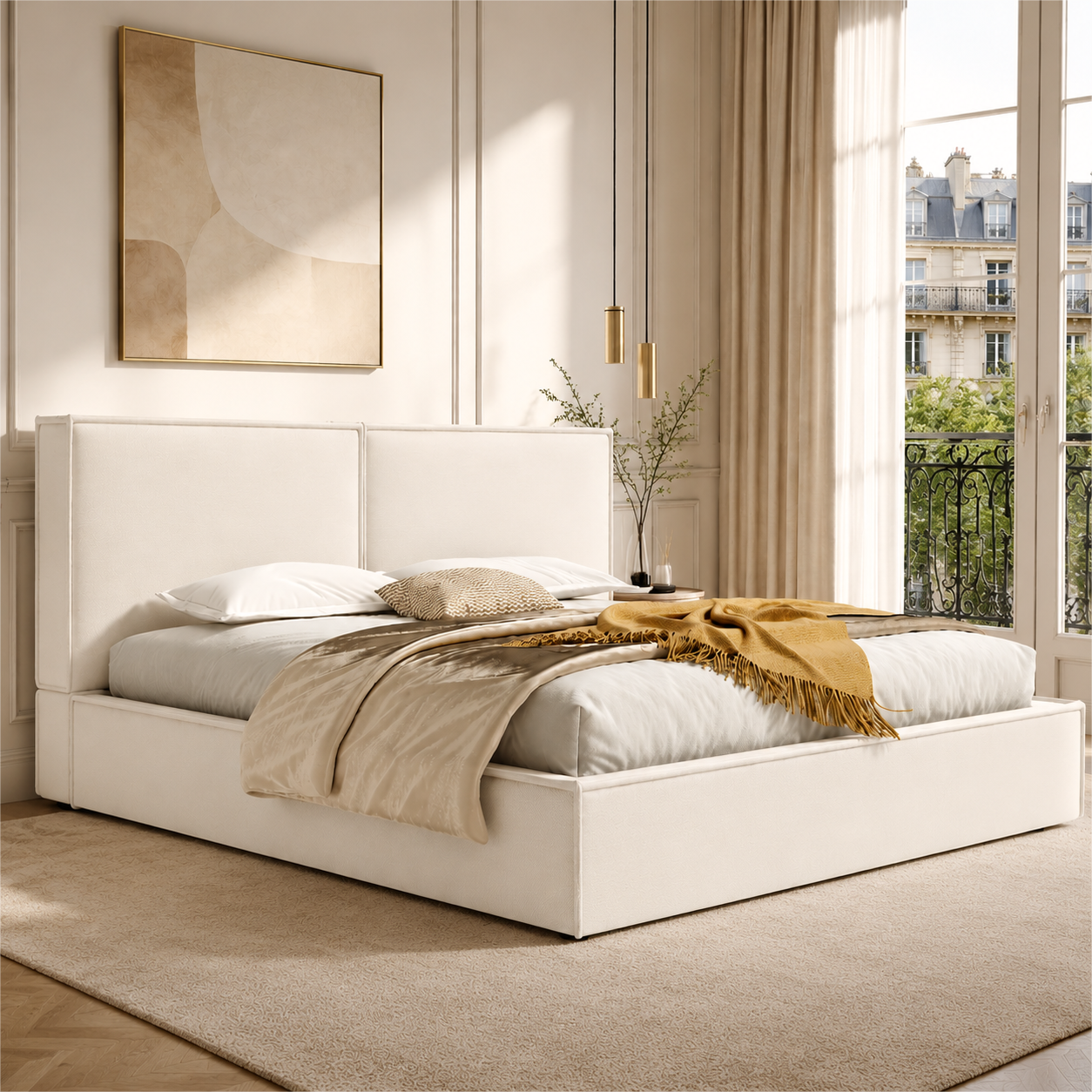 Lit rembourré, tête de lit, 180 x 200 cm, beige - vue 2