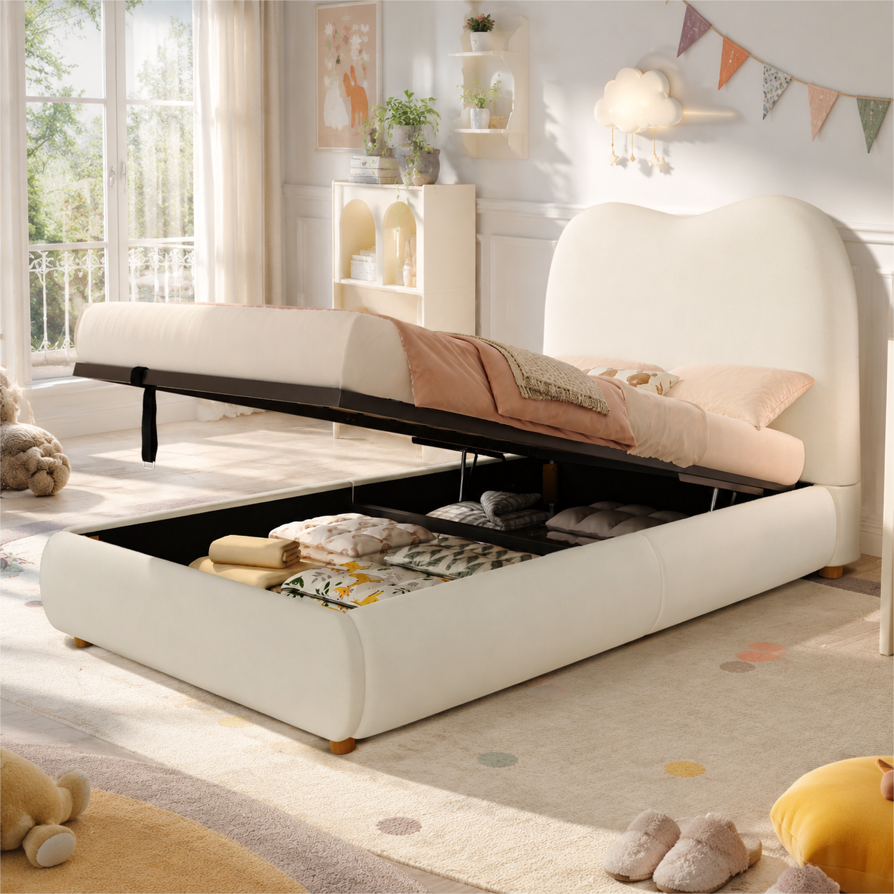Lit enfant, assise rembourrée, tête de lit, 90 x 190 cm, velours, beige - vue 4