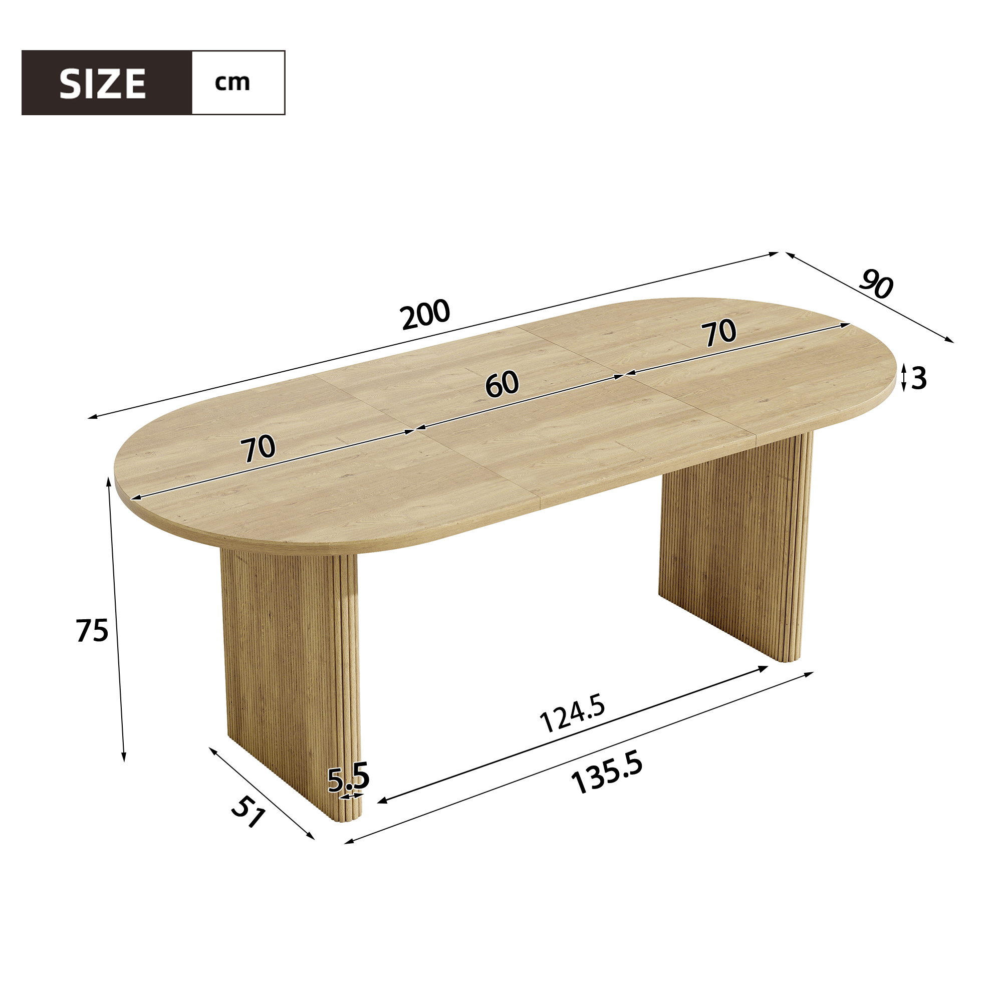 Détail dimensions table extensible