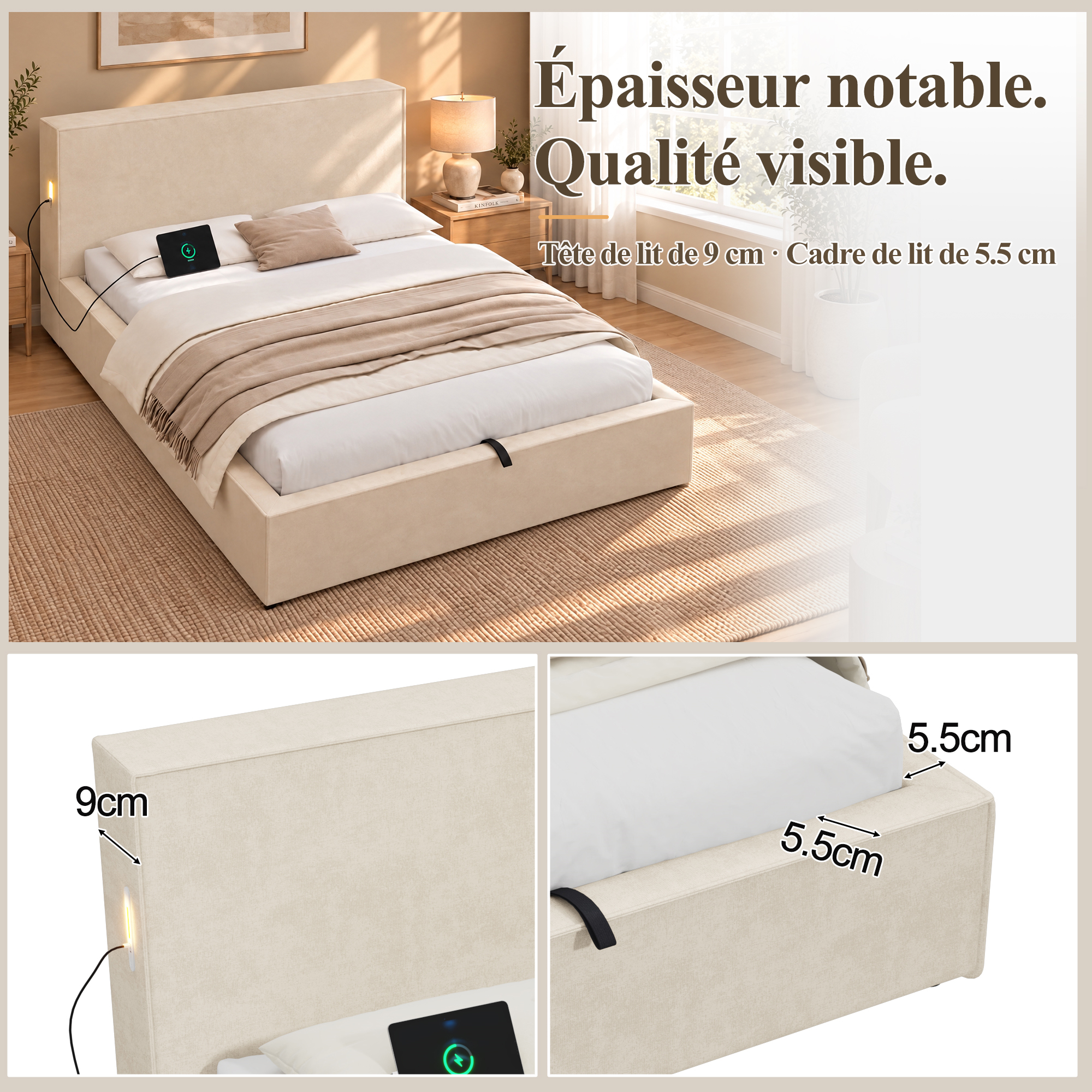Lit enfant 120cm x 200cm rangement hydraulique, en chenille, beige, sommier à lattes inclus, pour chambre enfant, sans matelas