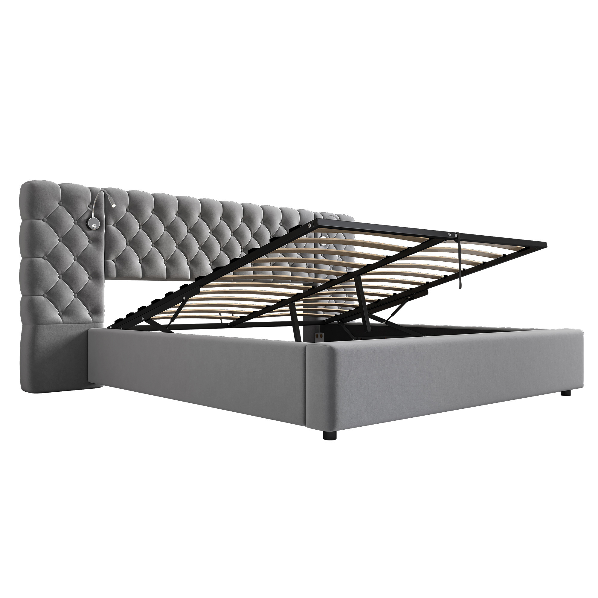 Présentation de Lit coffre rembourré en velours 160 x 200 cm avec rangement hydraulique, LED, lampe de lecture et sommier à lattes, Gris, sans matelas