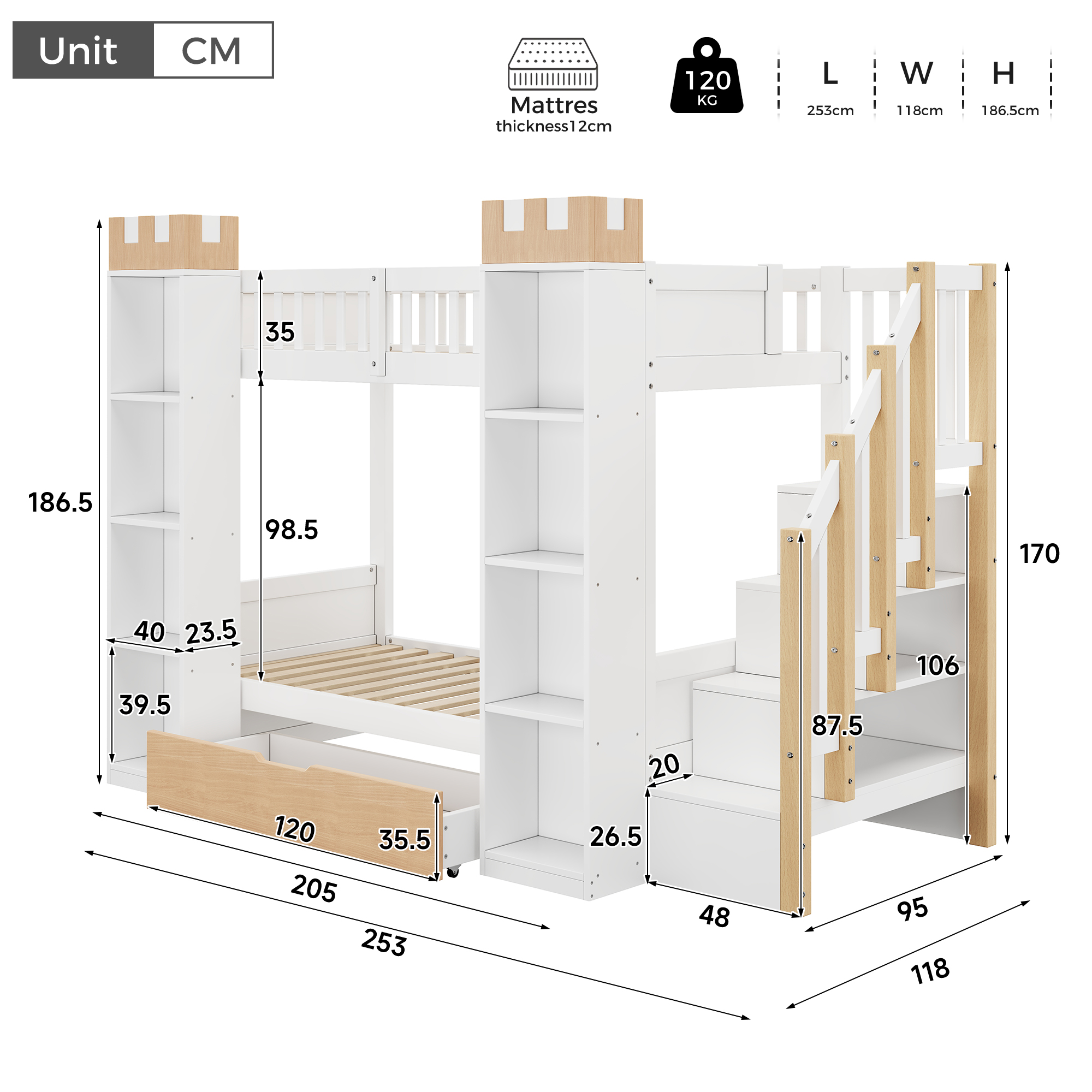 Vue du lit superposé château enfant en bois blanc naturel