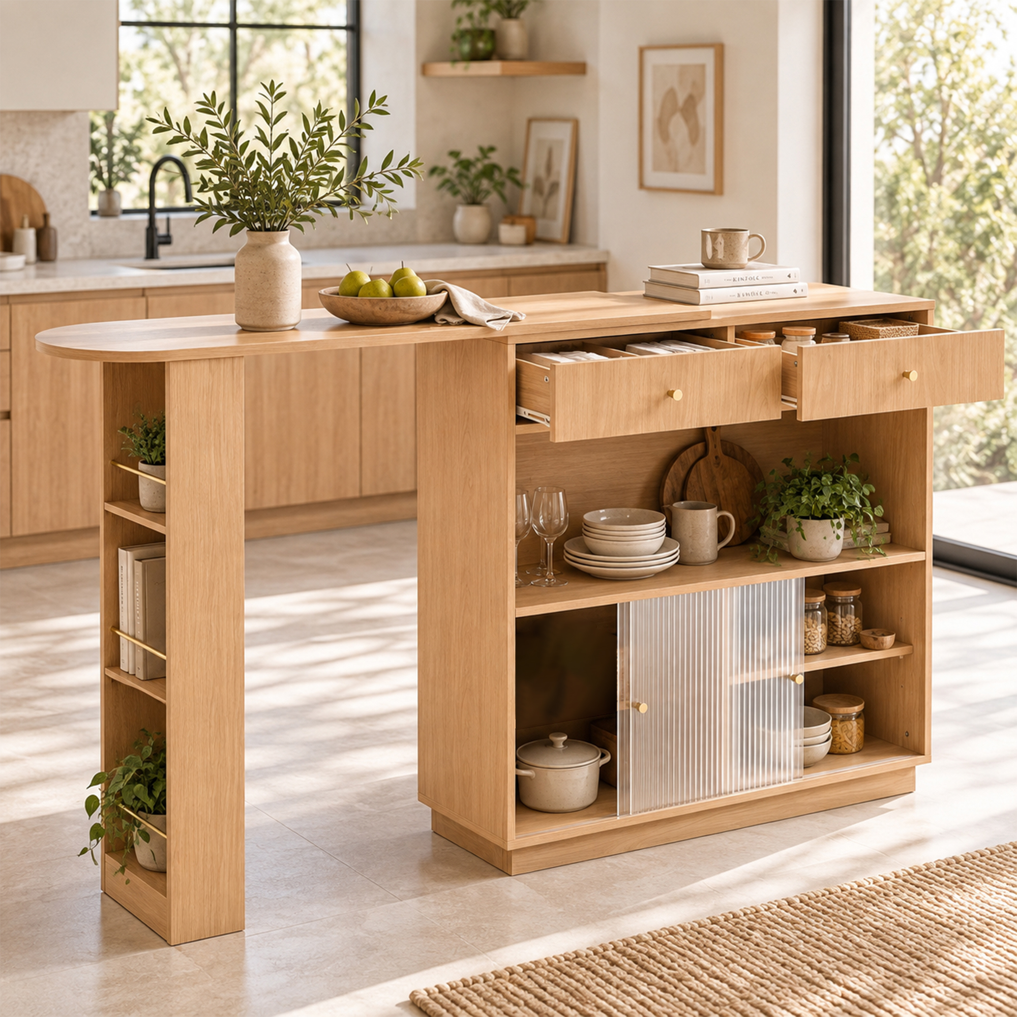 Îlot de cuisine, rotation à 360°, éclairage LED, 120 x 30 x 100 cm, panneaux de particules, chêne - vue 5