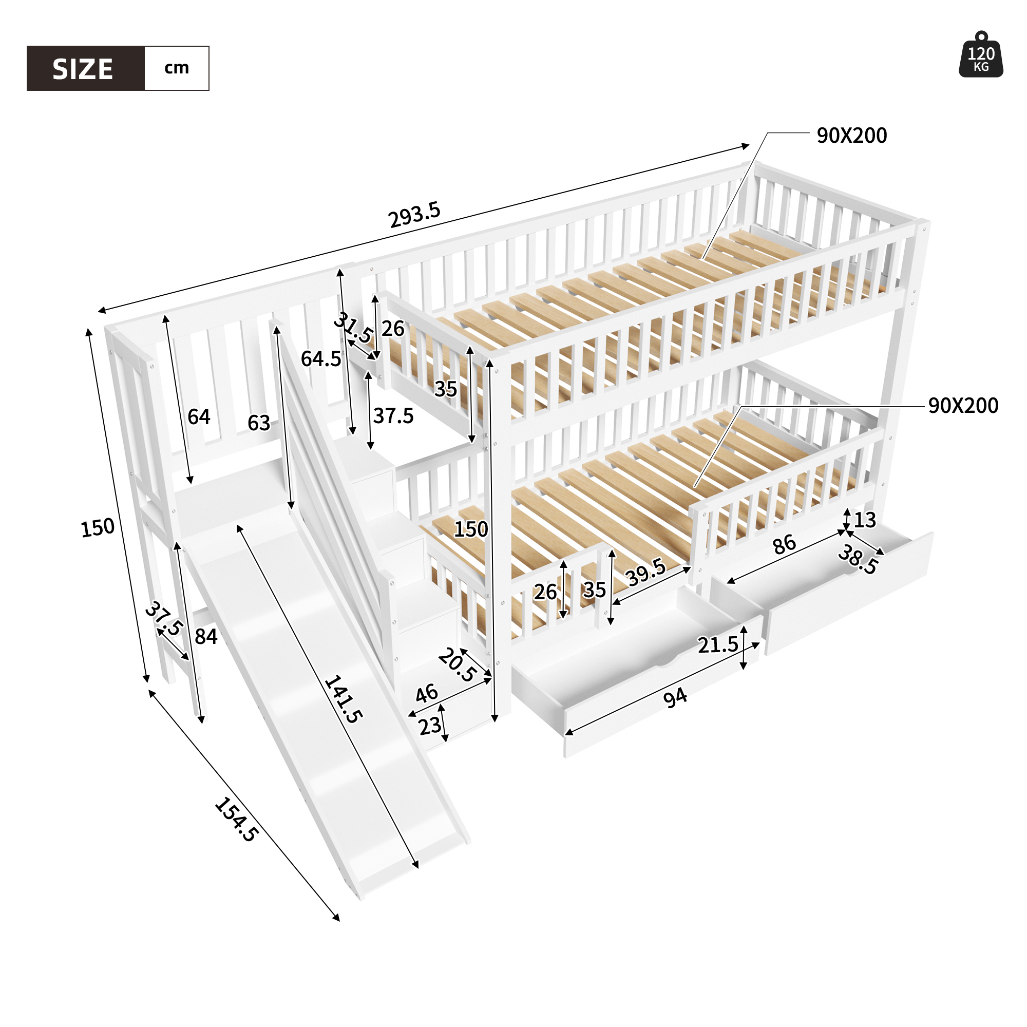 Dimensions lit mezzanine 90x200cm