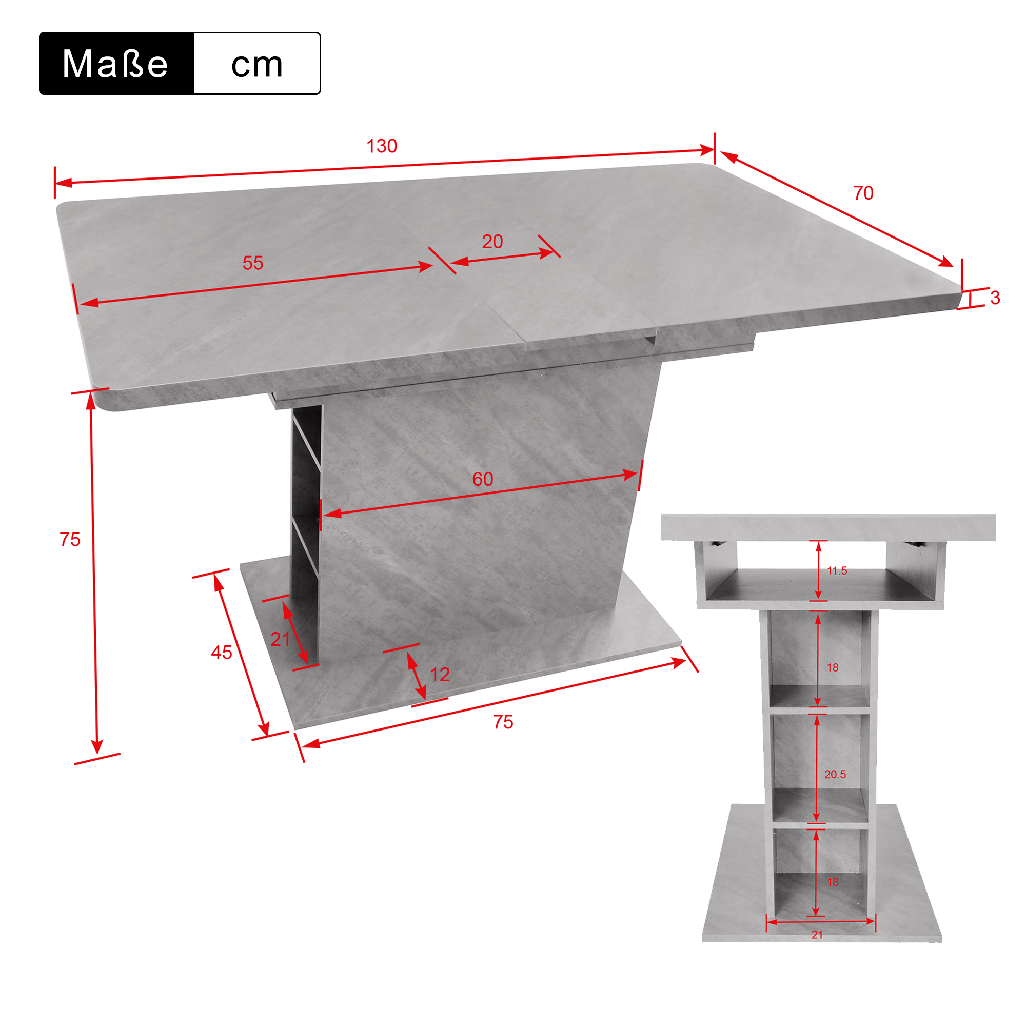 Table à manger, 130 x 70 x 75 cm, panneaux de particules, gris - vue 5