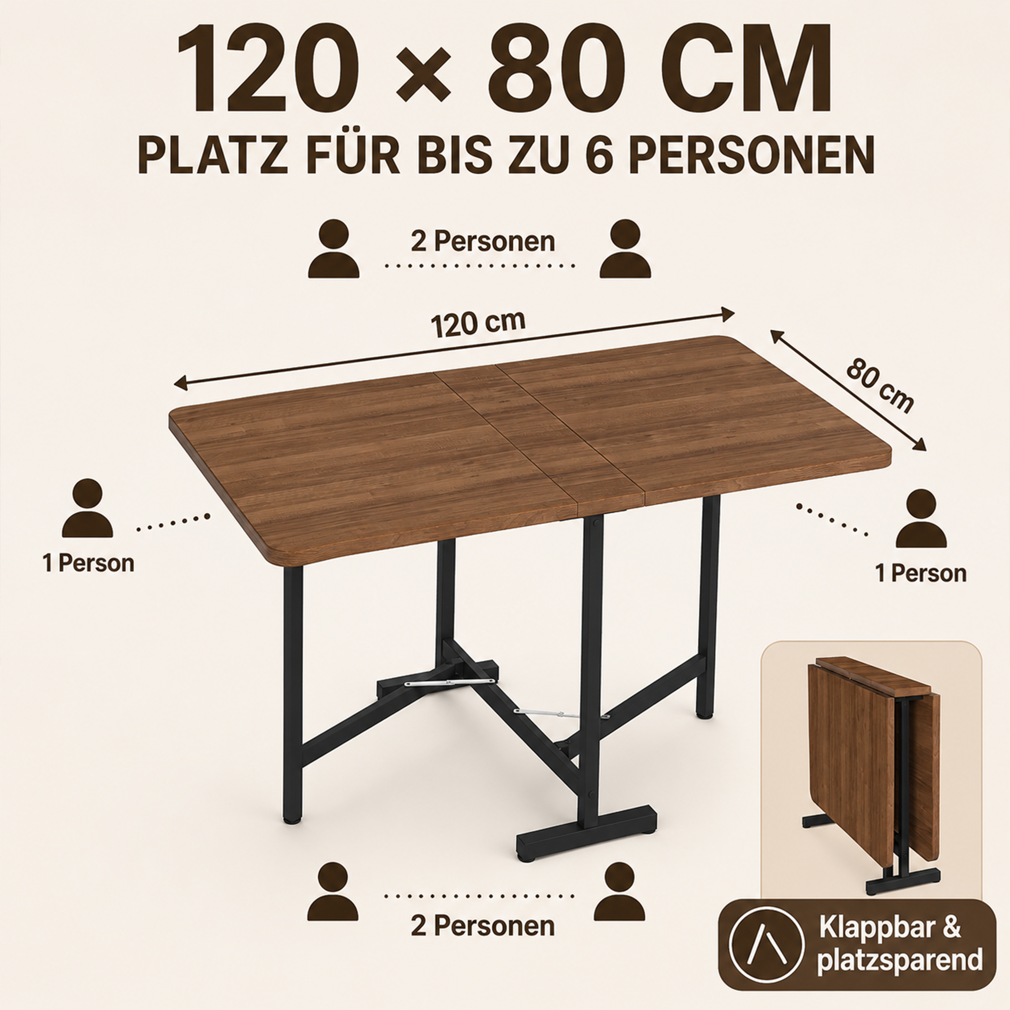 Table à manger 120 x 80 x 75 cm, MDF, Effet noyer - dimensions et détails