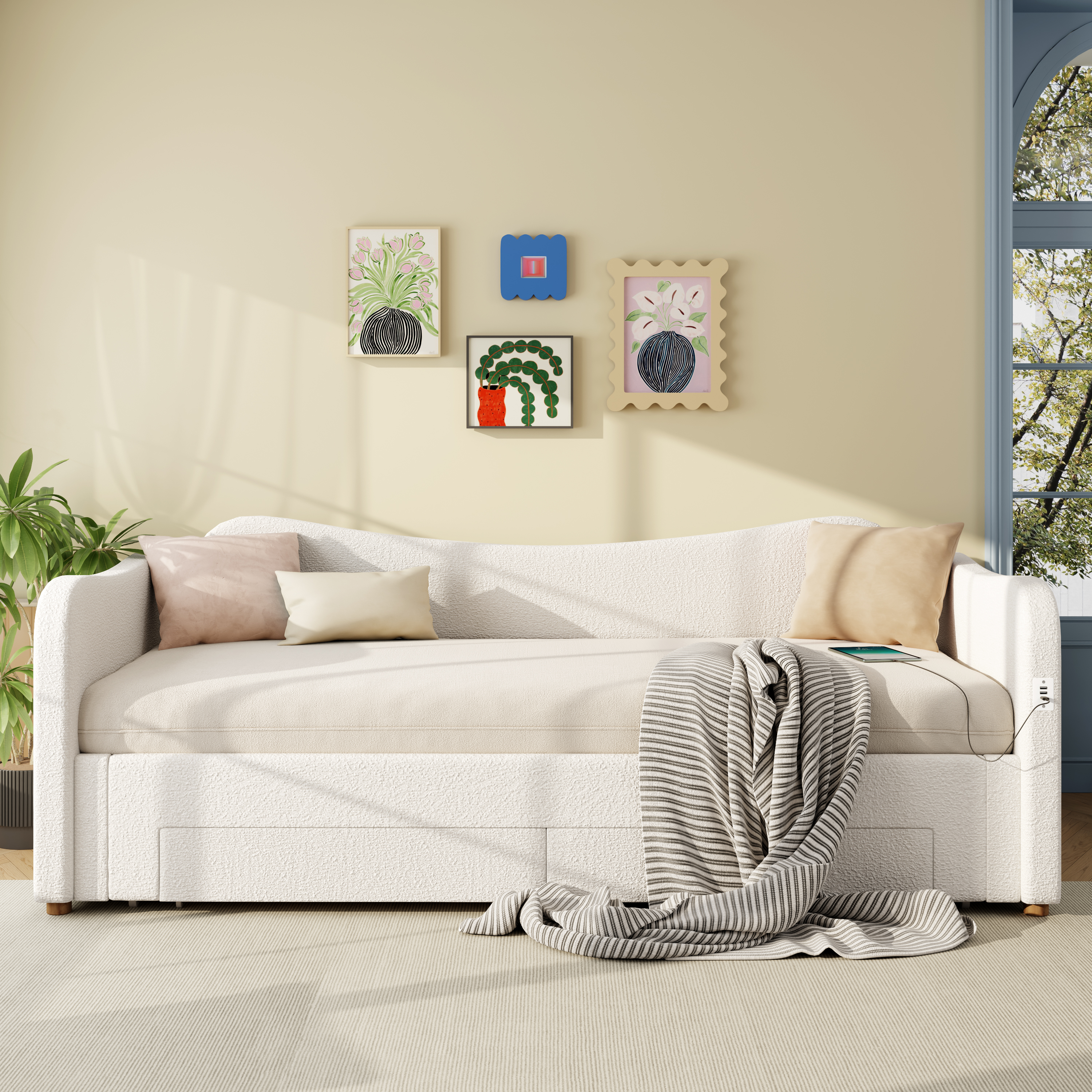 Lit jour extensible 90-180x200 beige boucle