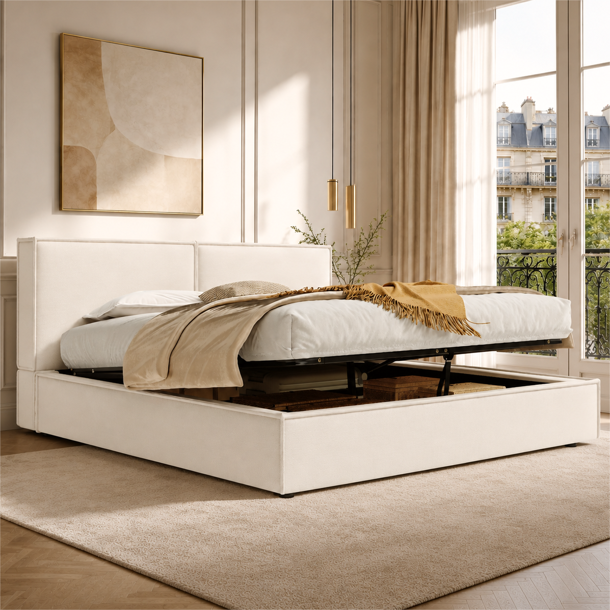 Lit rembourré, tête de lit, 180 x 200 cm, beige - vue 1