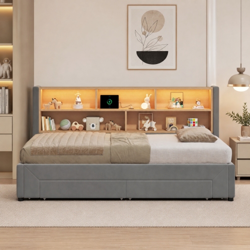 Lit banquette extensible gris en velours avec lit gigogne