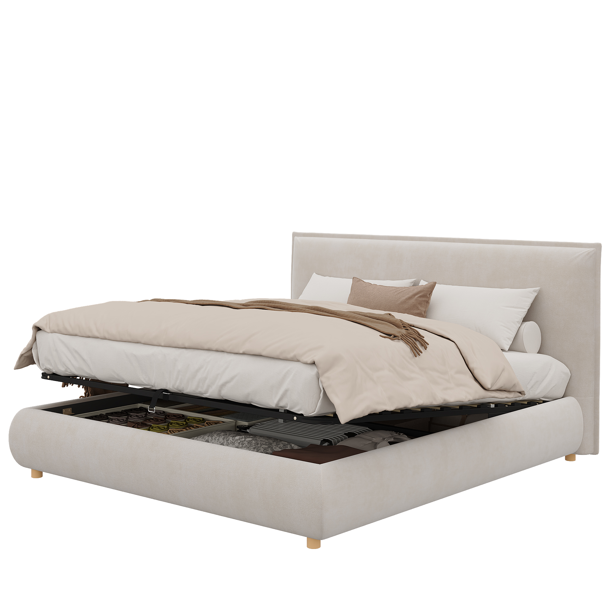 Lit double design creme velours moderne