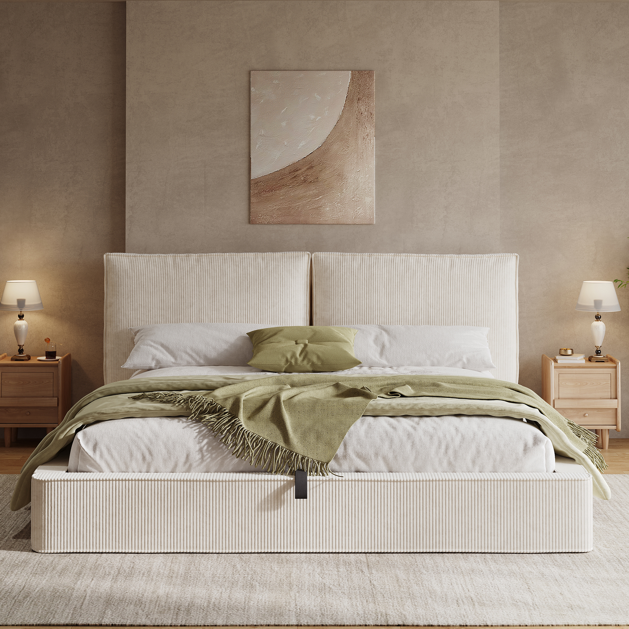 Lit rembourré, tête de lit, 180 x 200 cm, velours côtelé, beige - vue 6