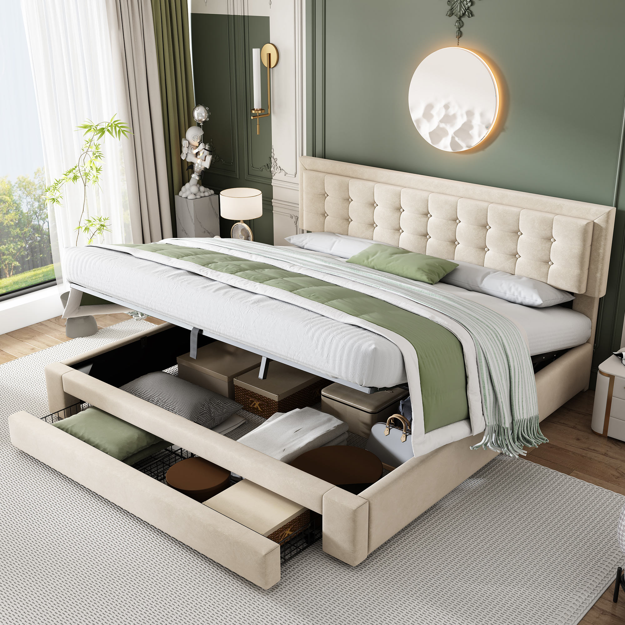 Bett mit Kasten und Schubladen, Samtstoff, Polster