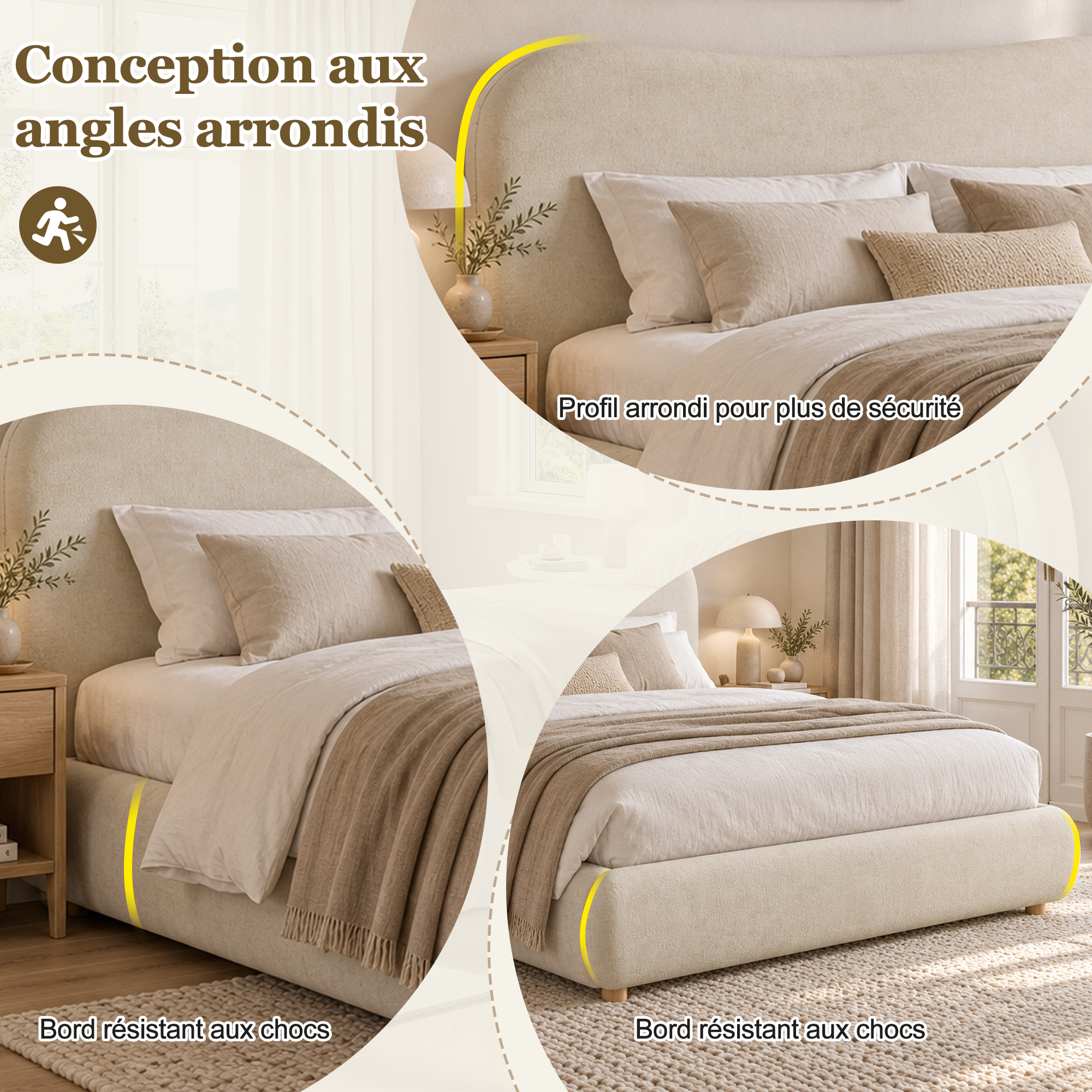 Détails de lit coffre 160x200 cm beige en bois avec rangement hydraulique LED et tête de lit rembourrée
