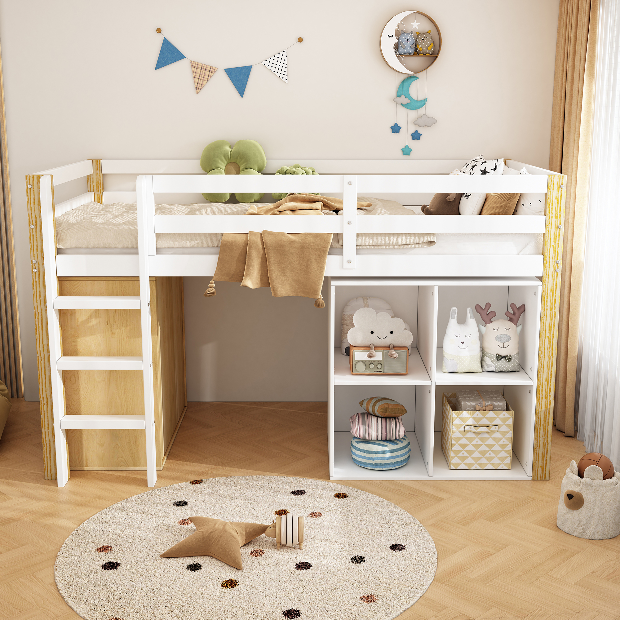 Lit mezzanine 90x200 naturel blanc bois massif rangement