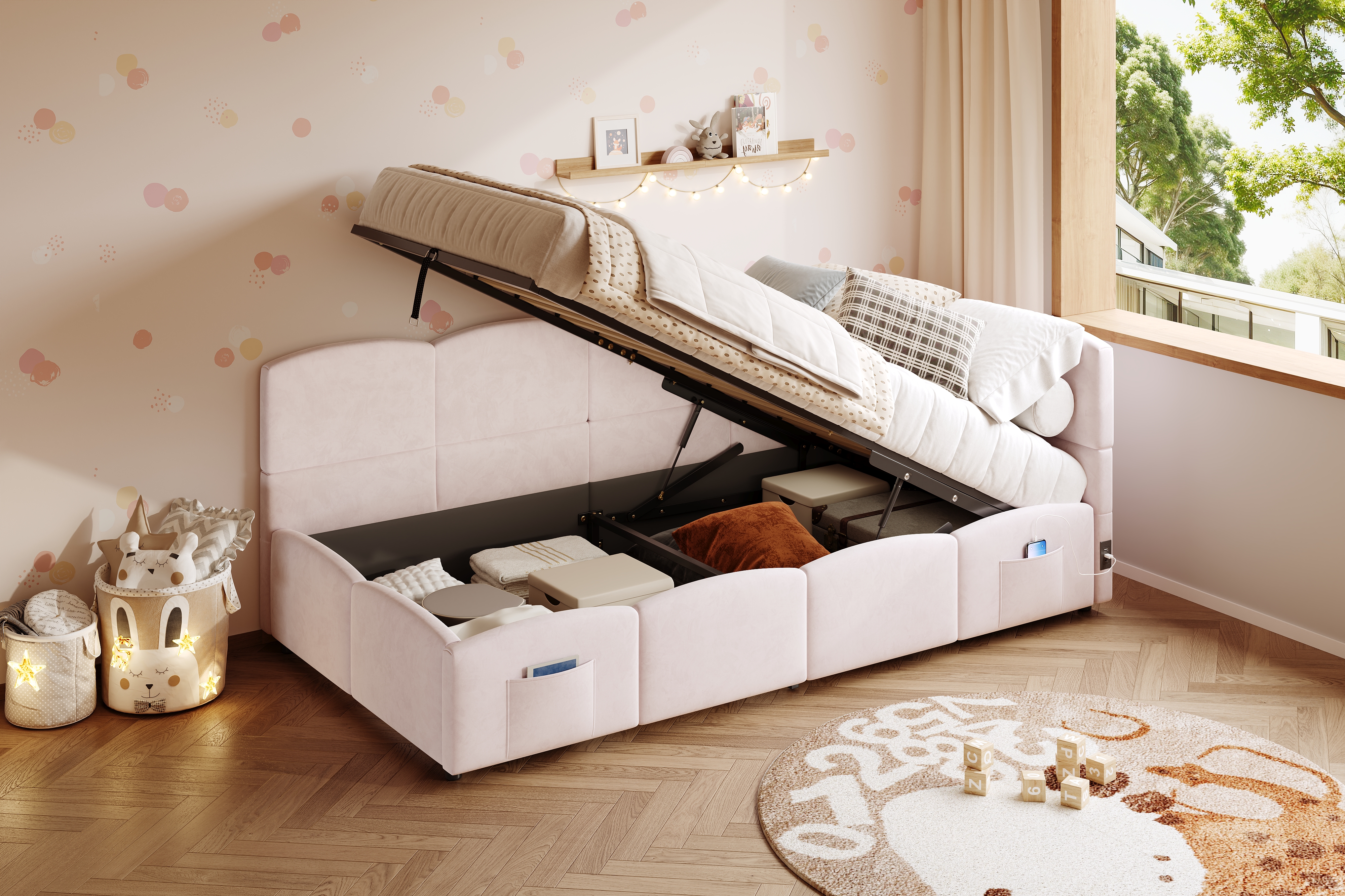 Polsterbett, Kinderbett,Einzelbett, Stauraumbett, 