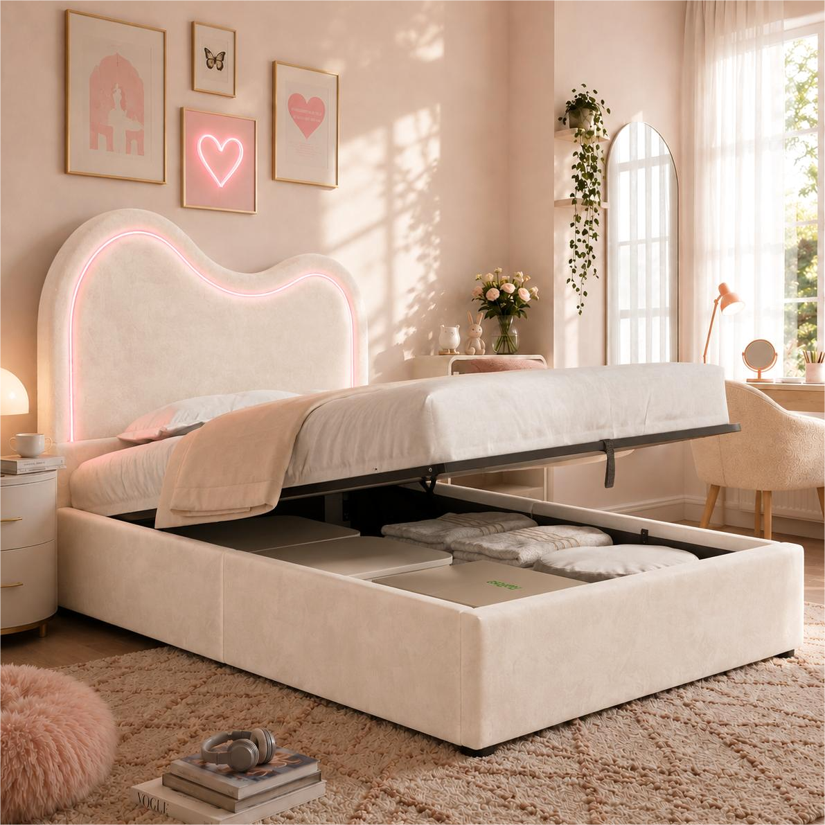 Lit enfant rembourré Beige 90 x 200 cm avec rangement hydraulique, tête de lit nuage et éclairage LED