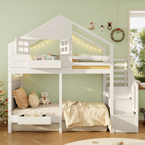 Lit mezzanine cabane enfant blanc avec espace inférieur