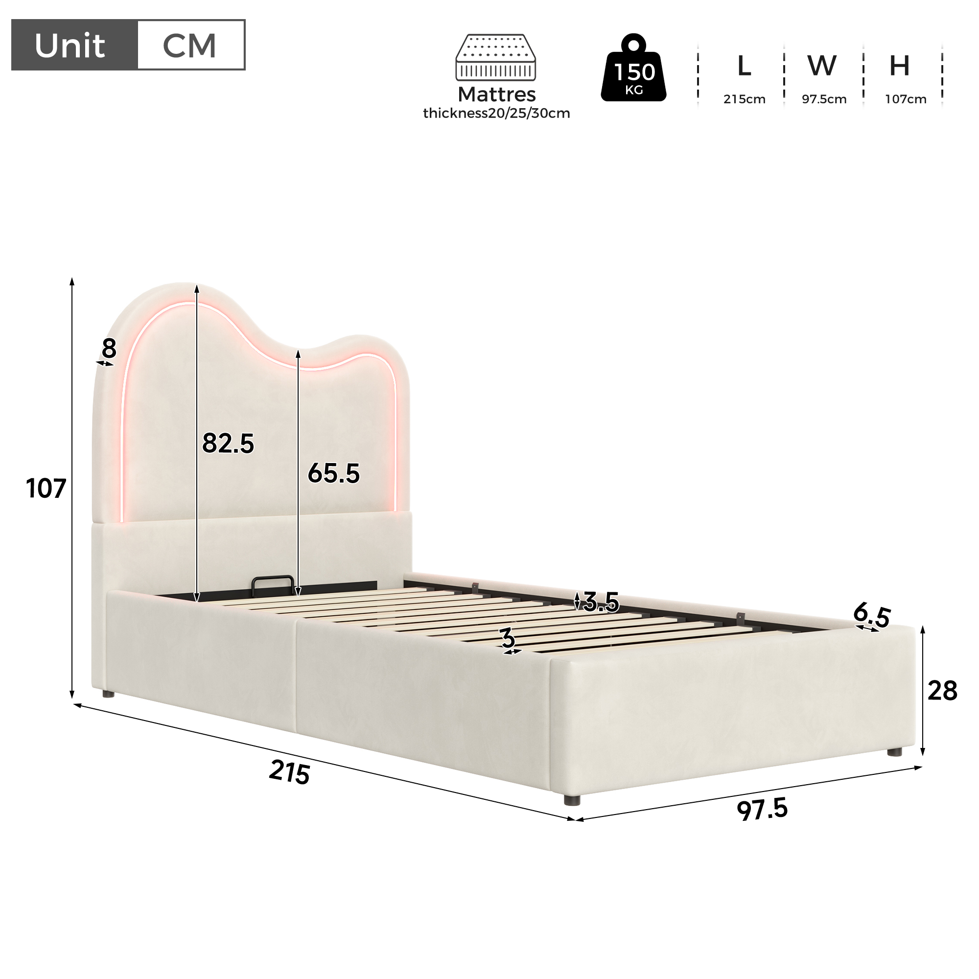 Détails de la tête de lit en forme de nuage et du rangement hydraulique du lit enfant Beige 90 x 200 cm