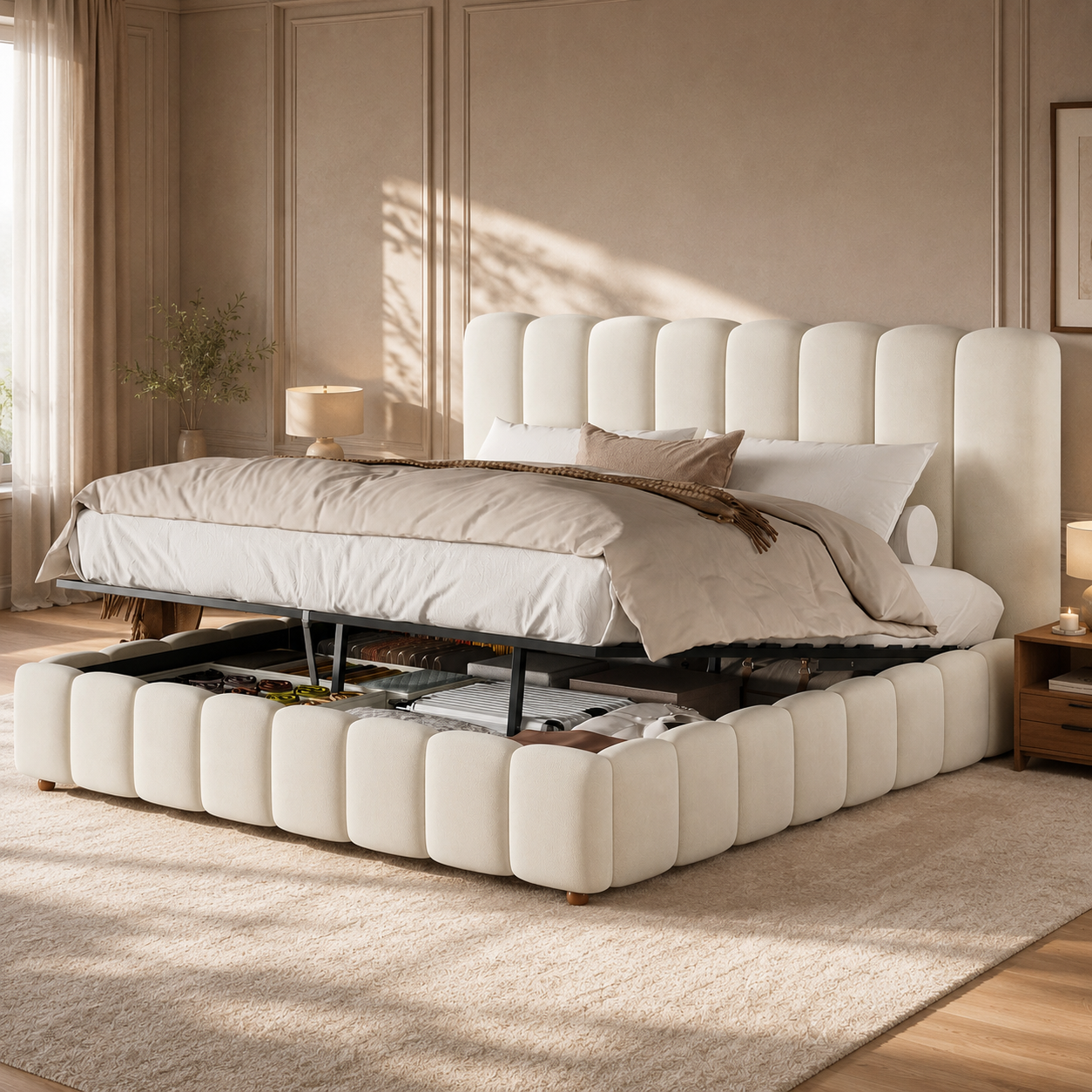 Lit coffre rembourré Beige 180 x 200 cm en velours avec rangement hydraulique