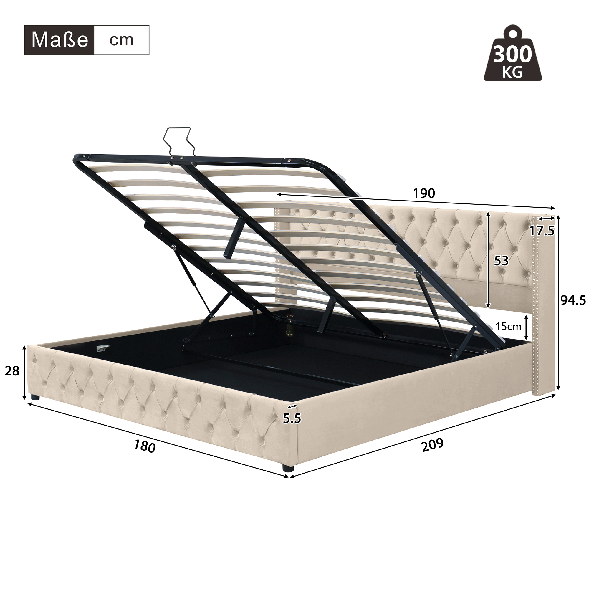 Détails du lit capitonné Beige avec tête de lit à oreilles et clous décoratifs