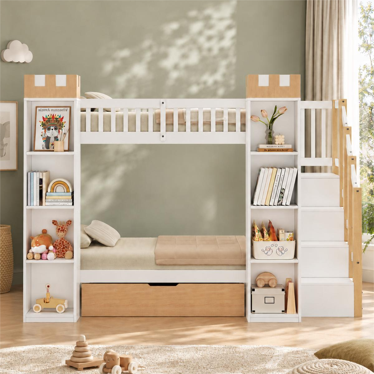 Lit superposé enfant château 90x200 cm blanc et bois avec rangement