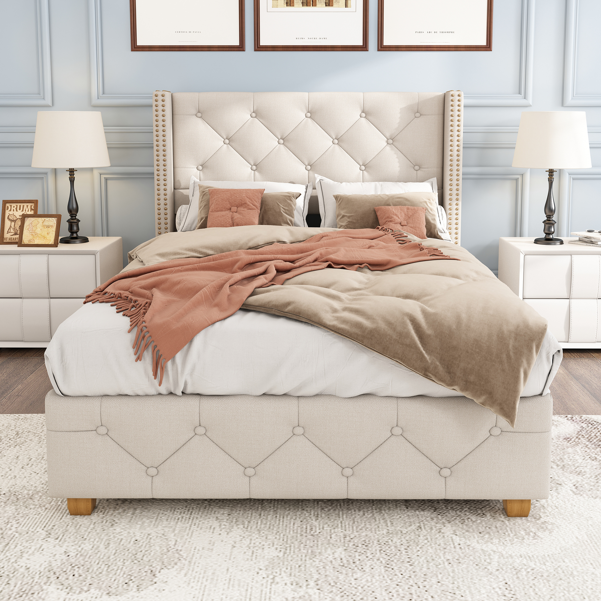 Présentation de Lit rembourré en lin 90 x 200 cm avec sommier à lattes, Beige