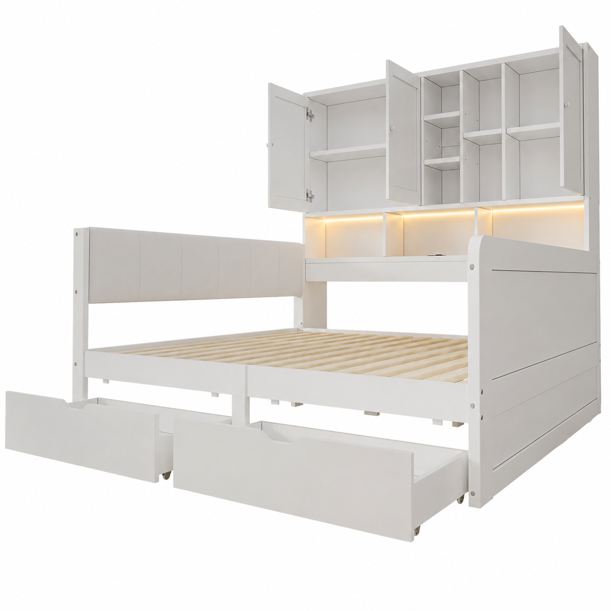 Lit gigogne 140 x 200 cm avec toboggan, LED, ports de charge, rangements, MDF, Blanc - dimensions et détails