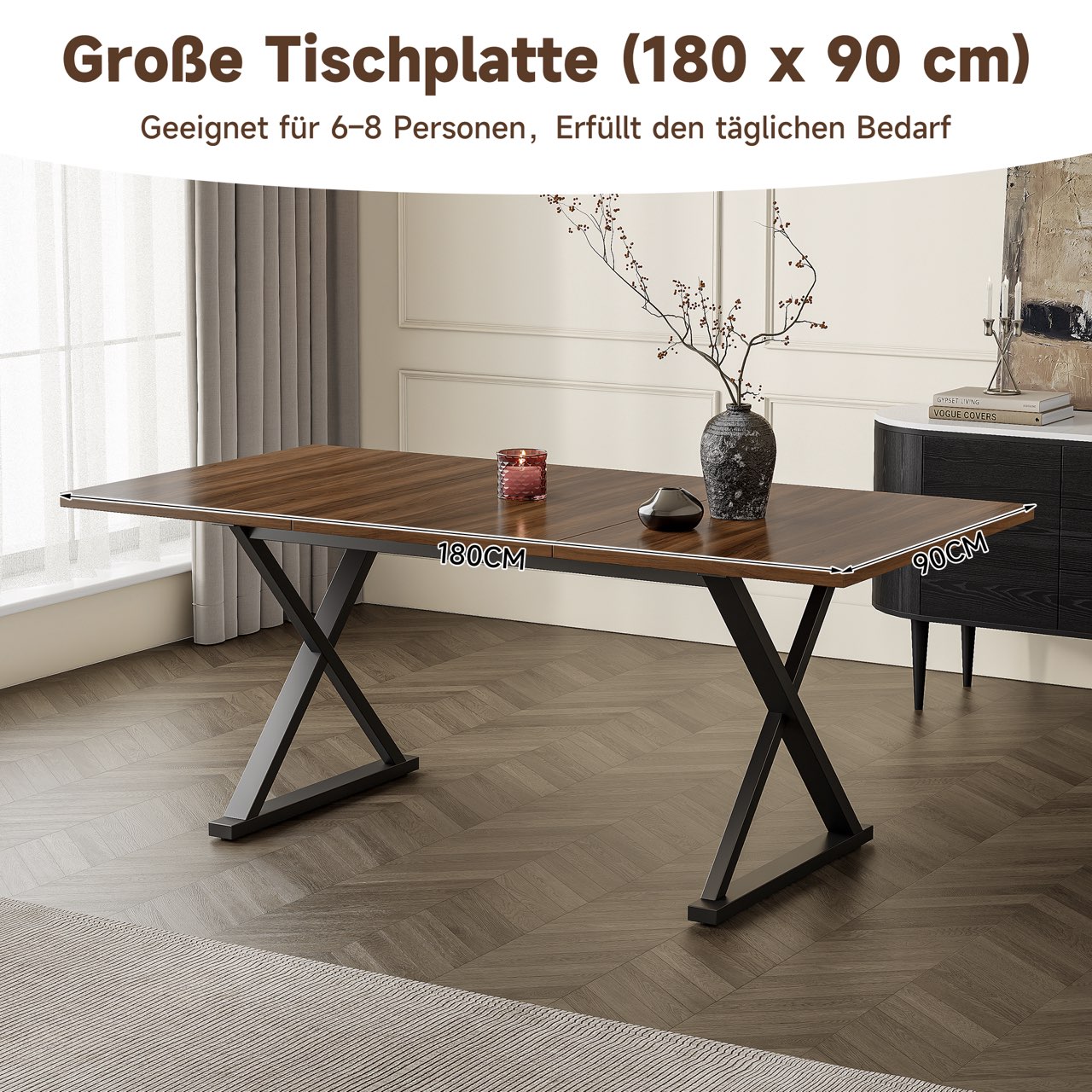 Table à manger, 180 x 90 x 75 cm, métal et bois, noir - vue 2