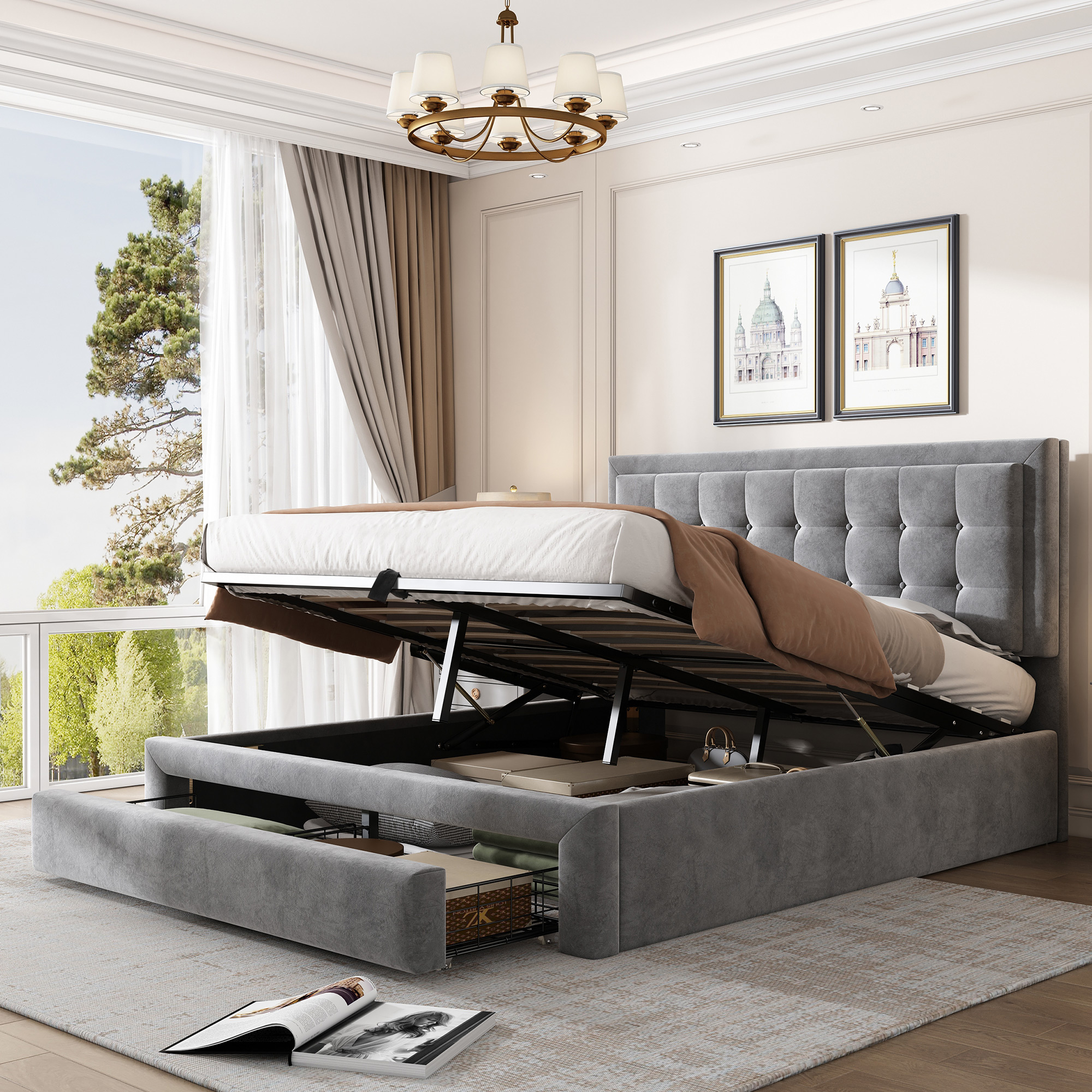 Bett mit Kasten und Schubladen, Samtstoff, Polster