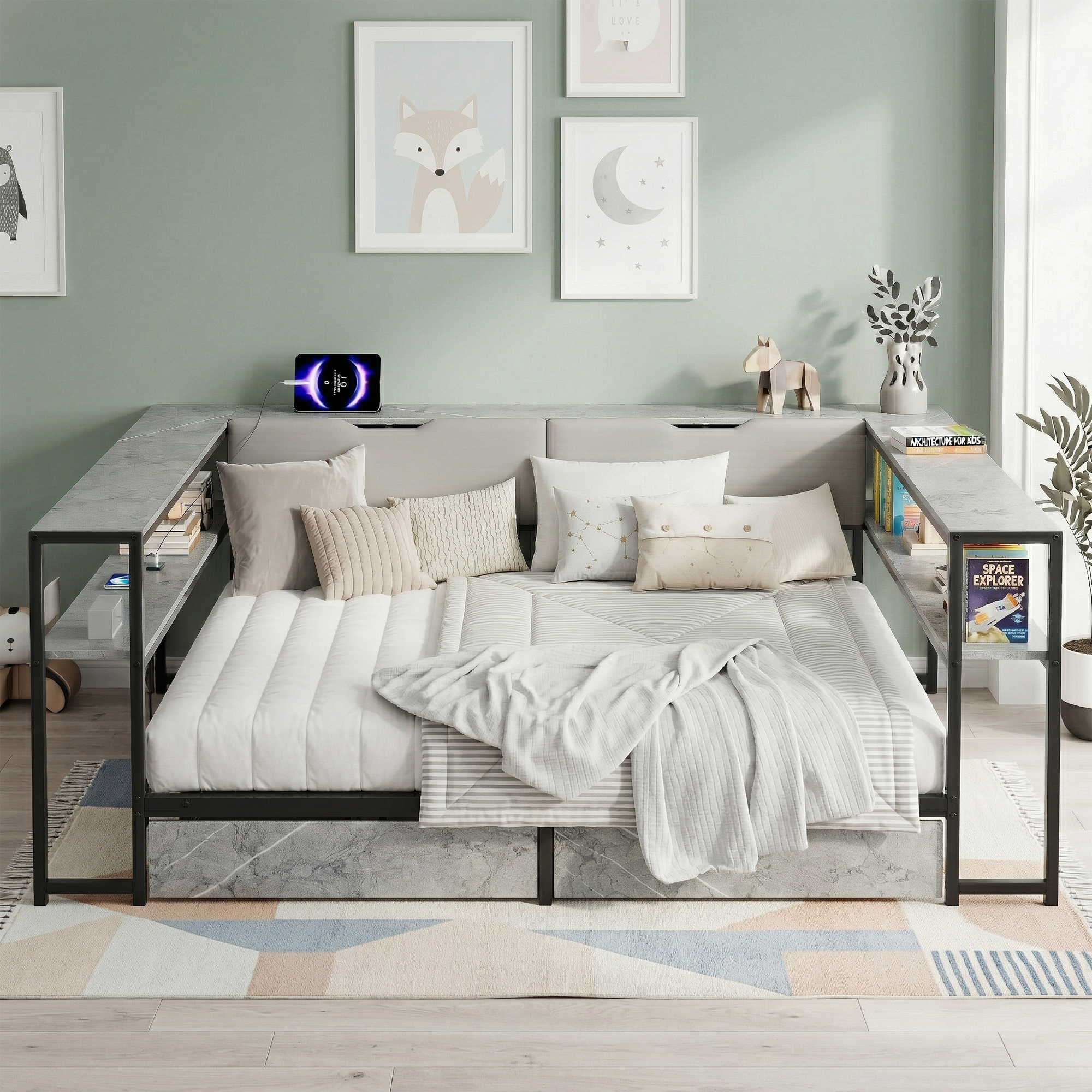Lit jour 90x200 gris beton USB rangements