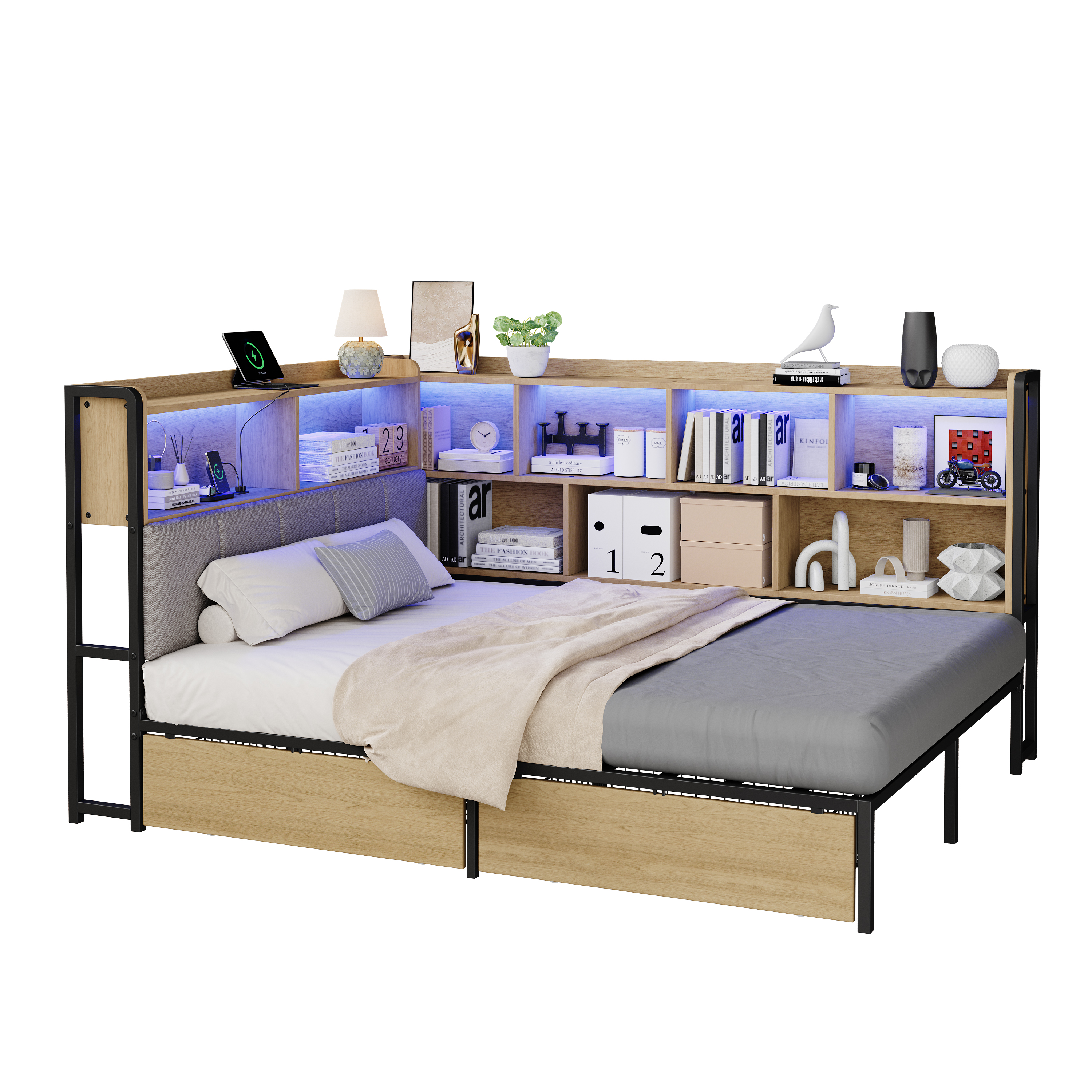 Lit jour 140x200 naturel LED USB tiroirs