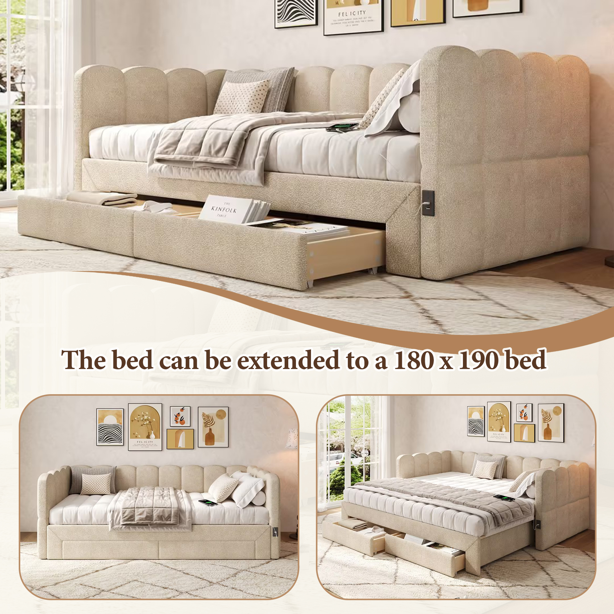 Lit banquette extensible en chenille beige
