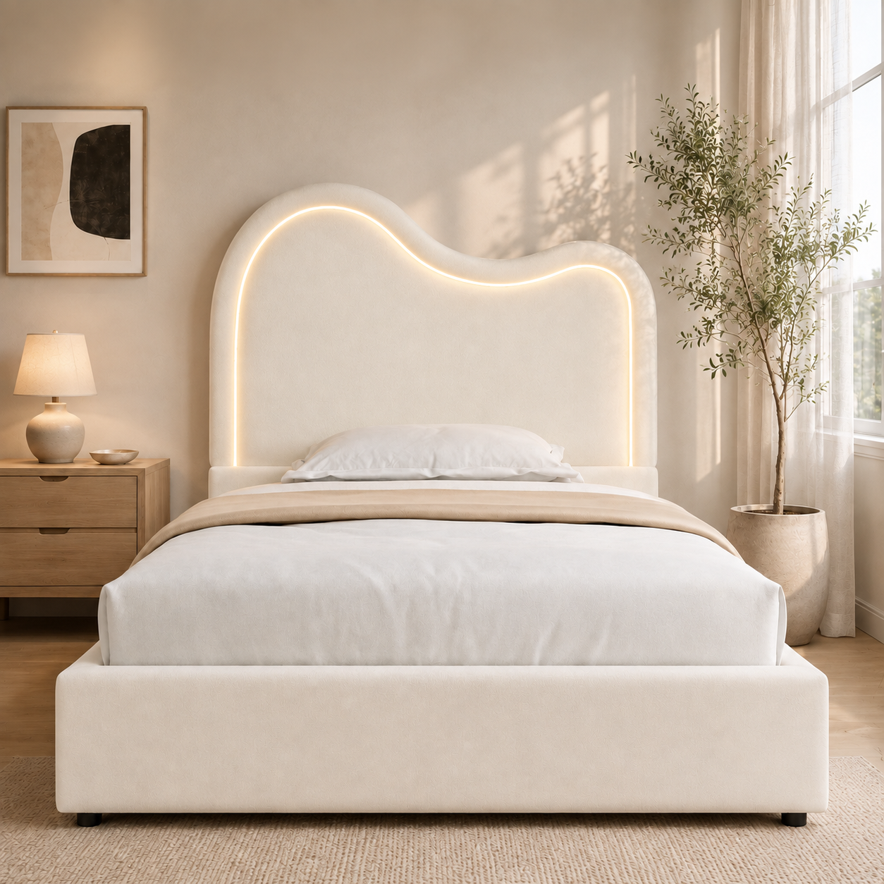Lit enfant, assise rembourrée, tête de lit, 90 x 200 cm, velours, beige - vue 4