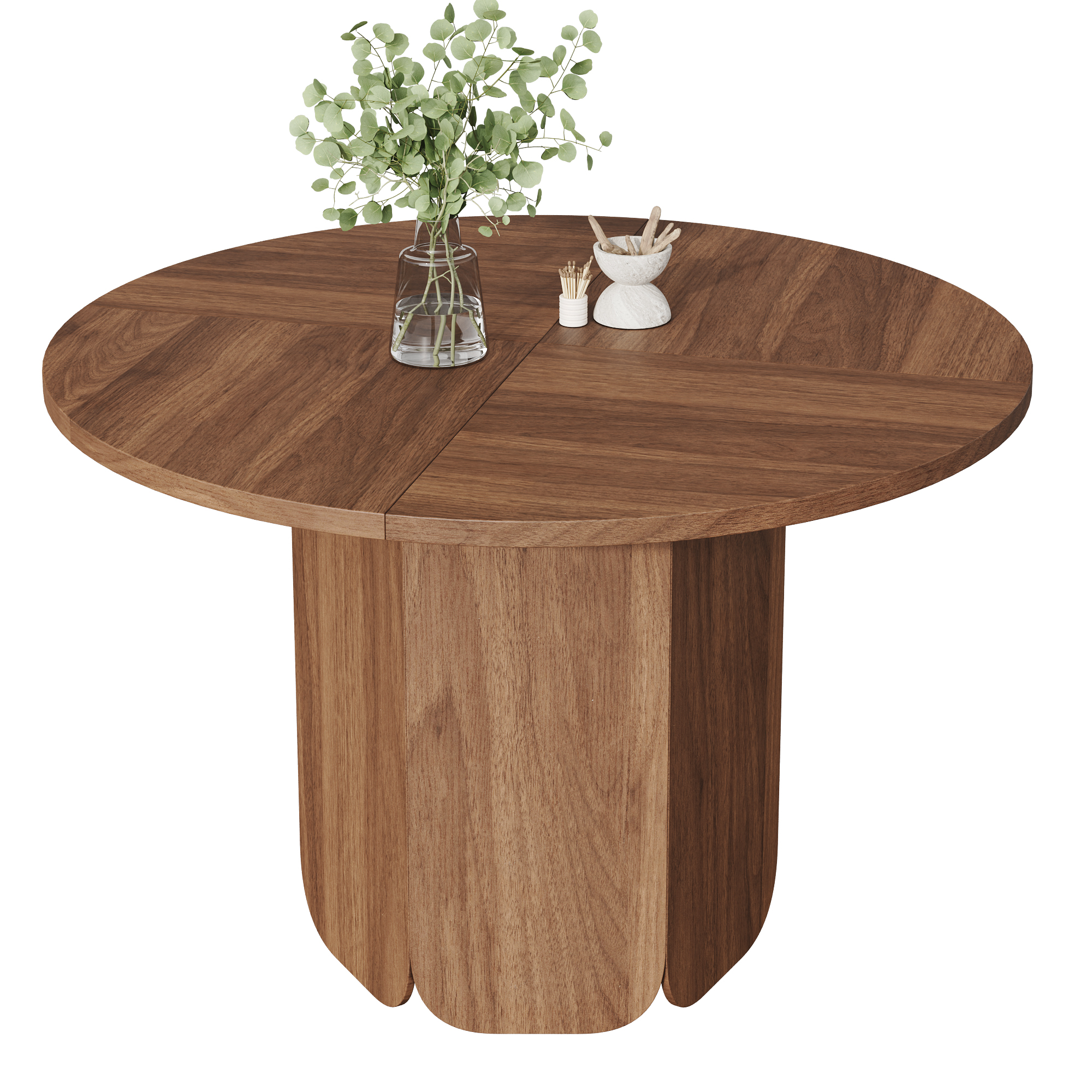 Table à manger ronde Ø120 x H75 cm pour 4 à 6 personnes, MDF, Effet noyer - détails