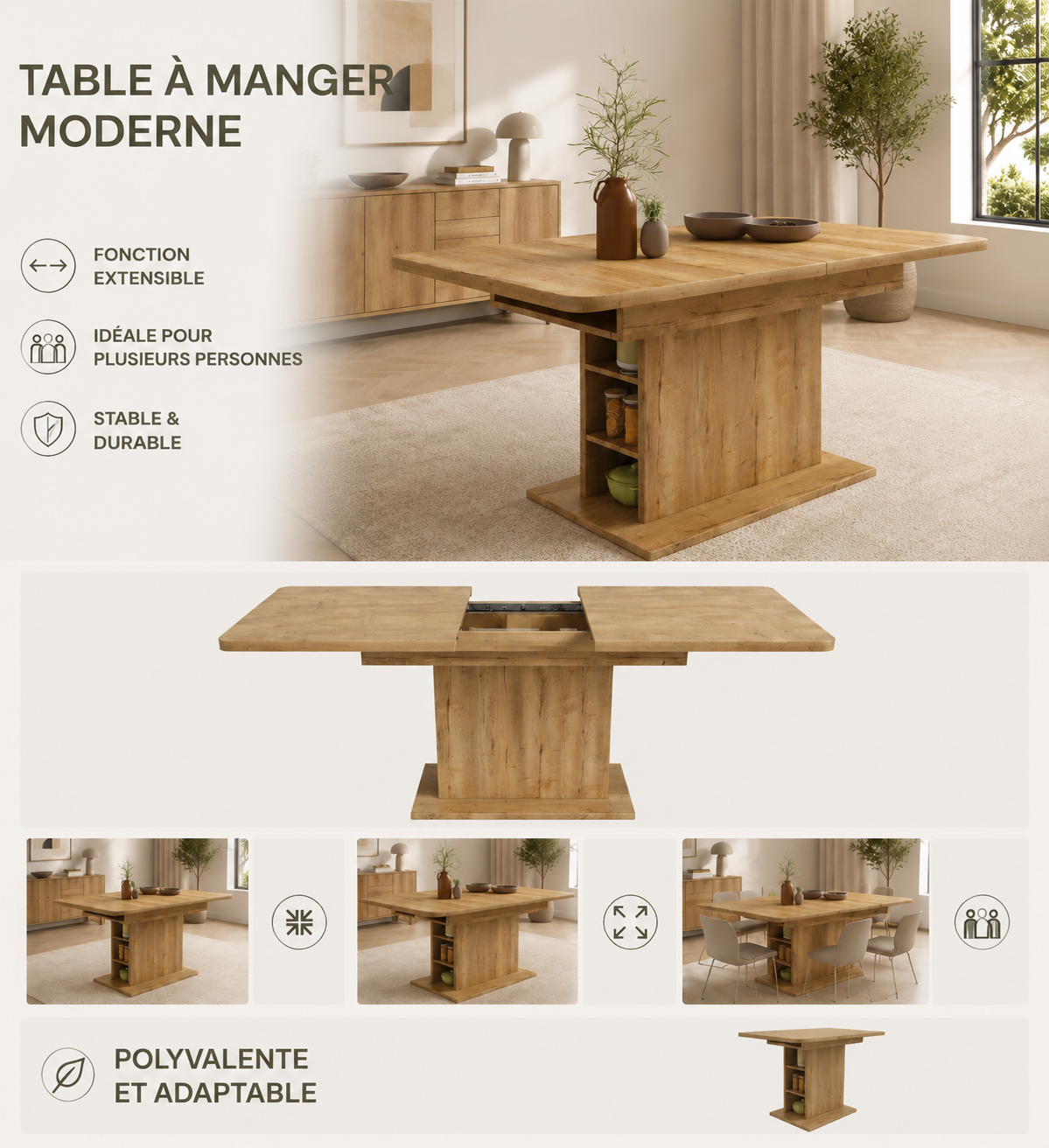 Table à manger extensible, rangement intégré, 130 x 70 x 75 cm, panneaux de particules et métal, bois naturel - vue 7